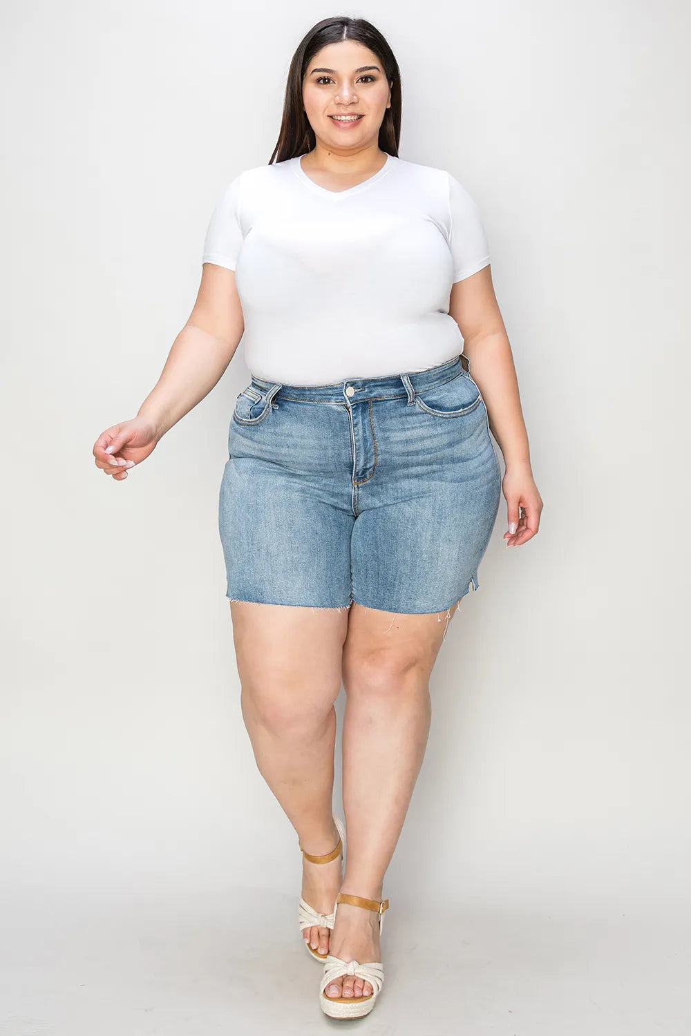 Plus Size High Waist Raw Hem Denim Shorts for Women
