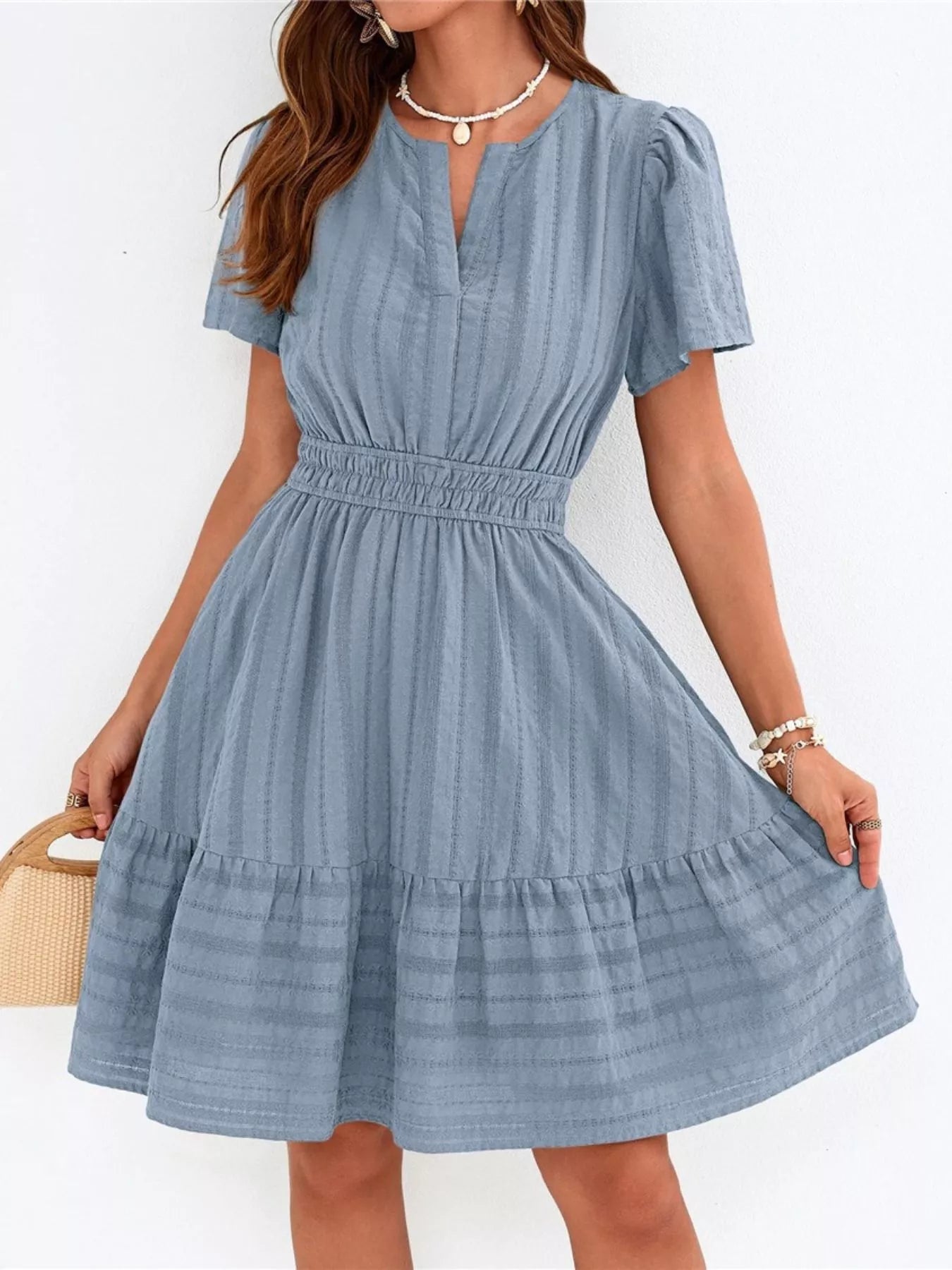Short Sleeve Smocked Waist Tiered Dress in Light Blue for Women