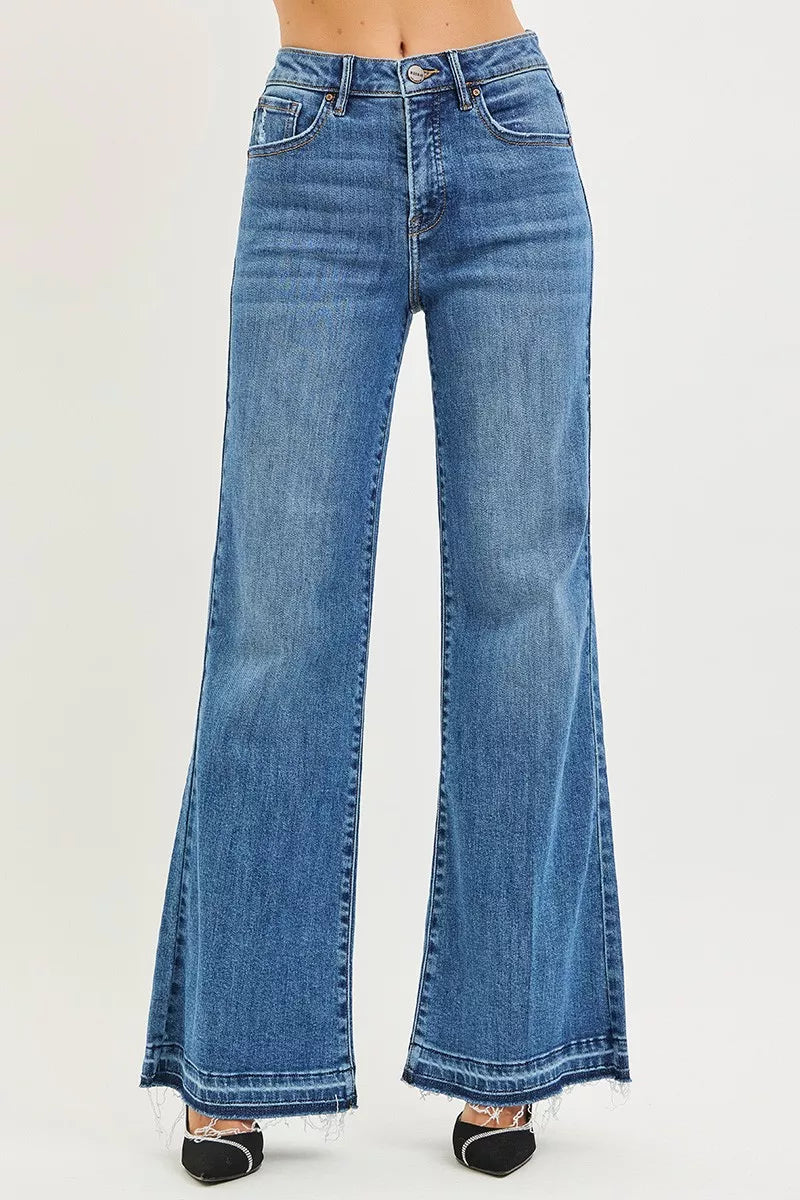 High Rise Wide Leg Jeans with Released Hem in Medium for Women