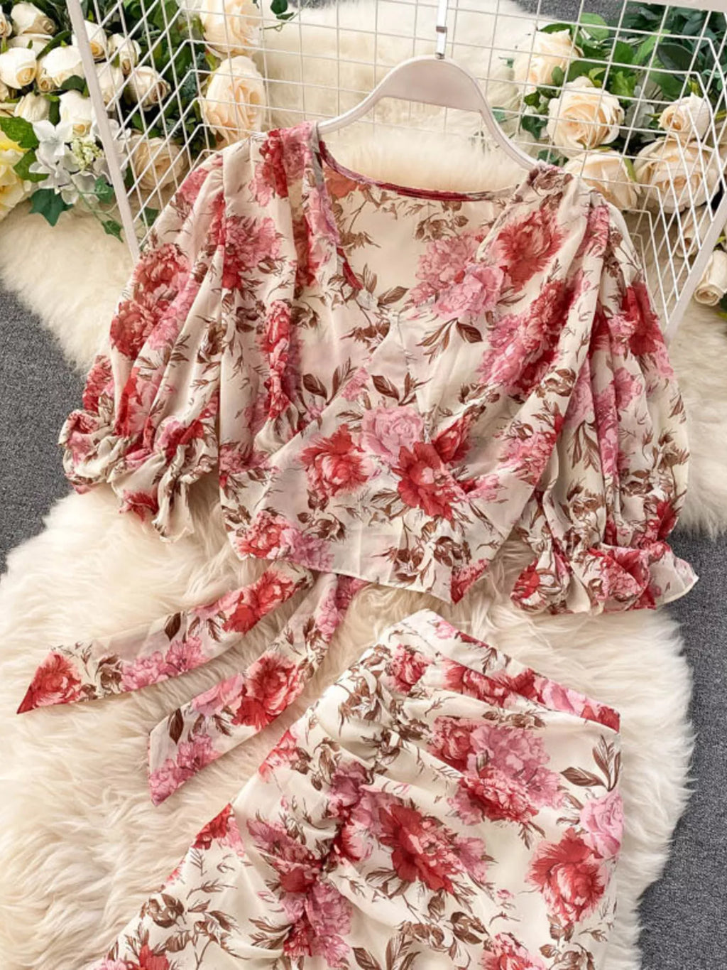 Floral Print Crop Top and Skirt Set for Women