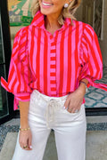 Stripe Puff Sleeve Blouse in Deep Rose for Women