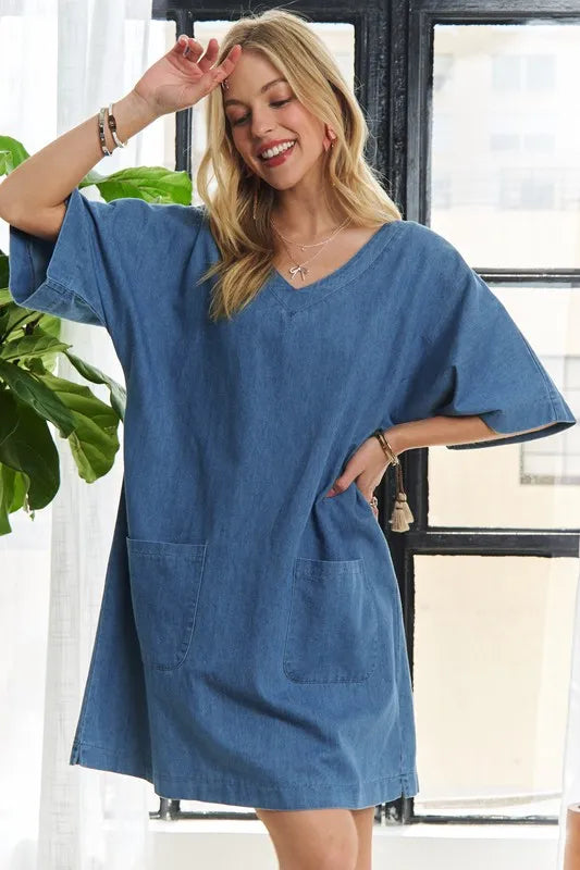 V-Neck Half Sleeve Mini Denim Dress in Peacock Blue for Women