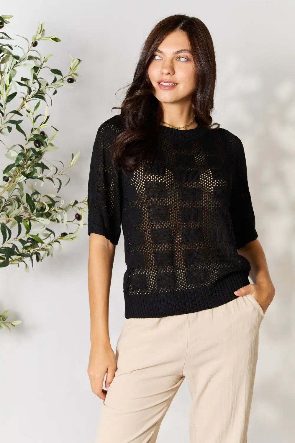 Ribbed Trim Round Neck Knit Top for Women