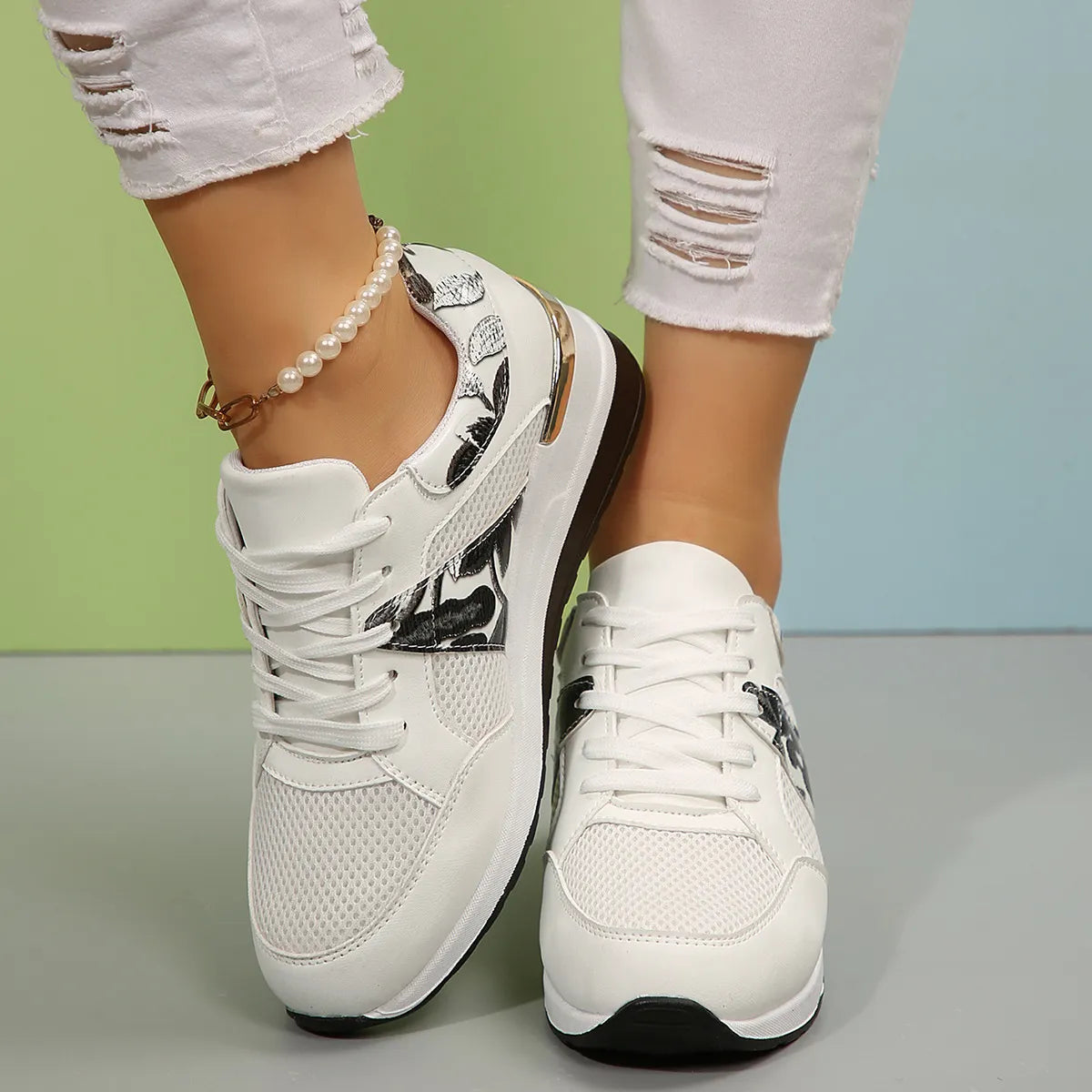 Floral Mesh Wedge Athletic in Green for Women