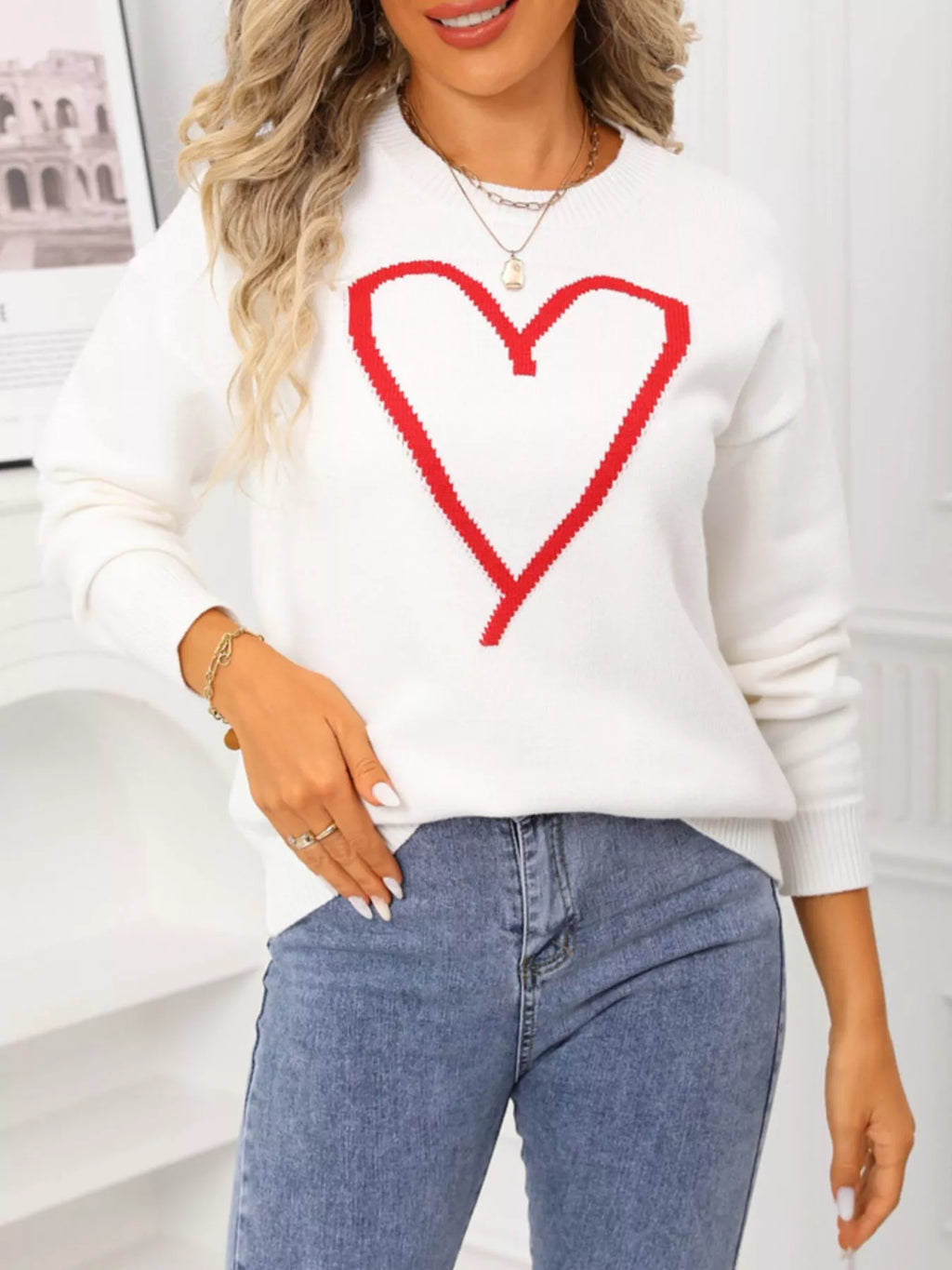 Valentines Day Heart Graphic Dropped Shoulder Sweater in Black for Women