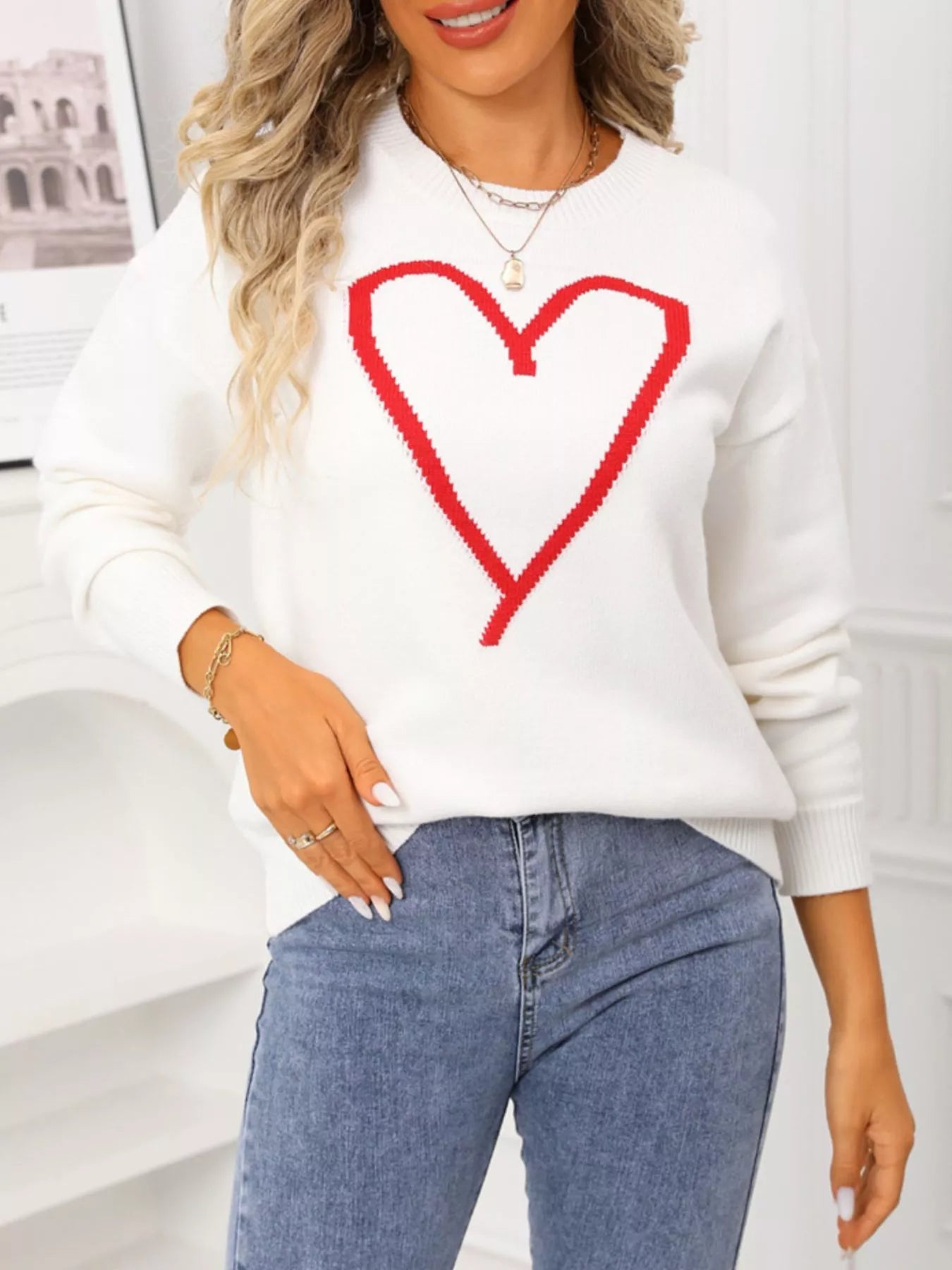 Valentines Day Heart Graphic Dropped Shoulder Sweater in Black for Women