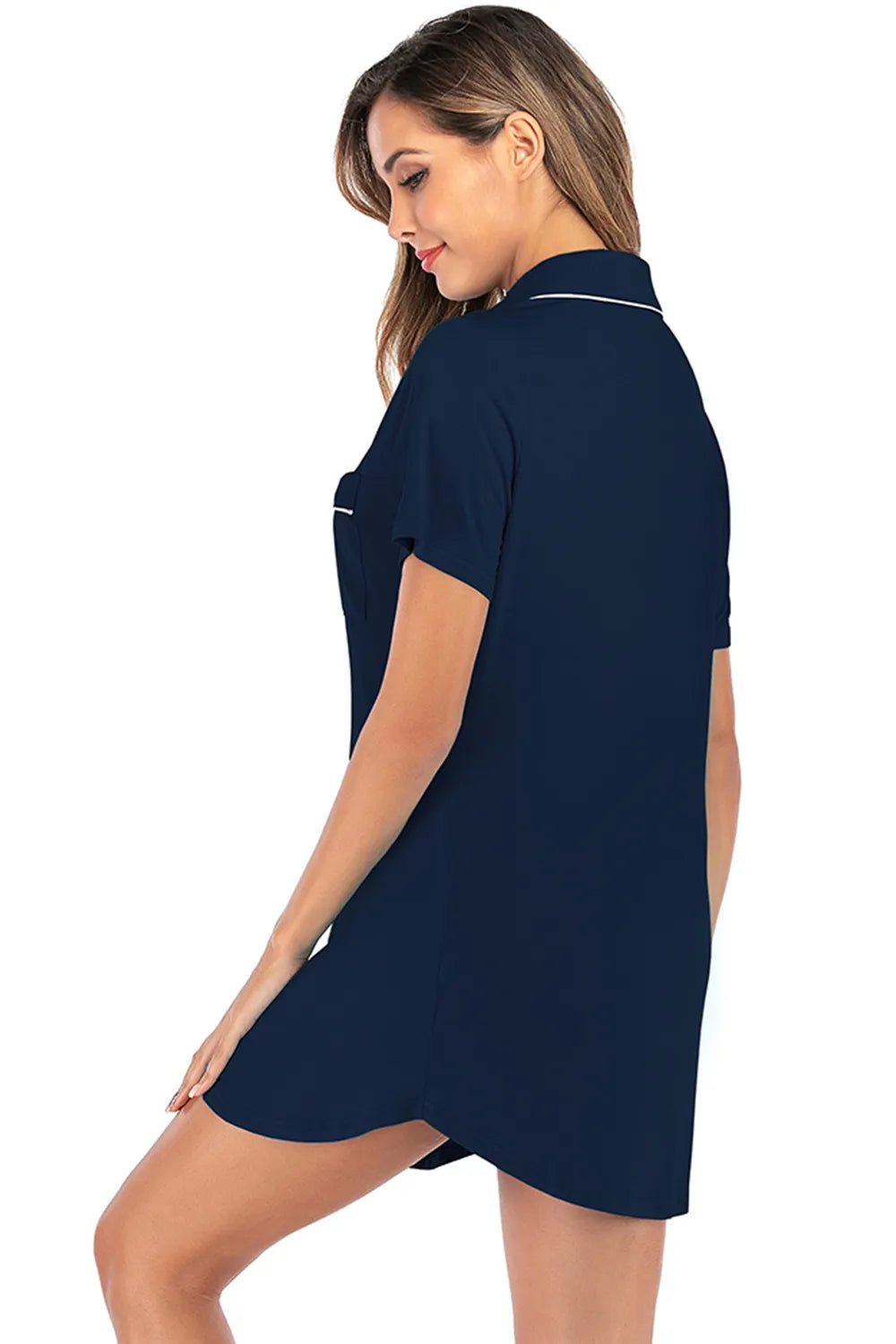 Contrast Piping Pocketed Short Sleeve Lounge Dress in Black for Women
