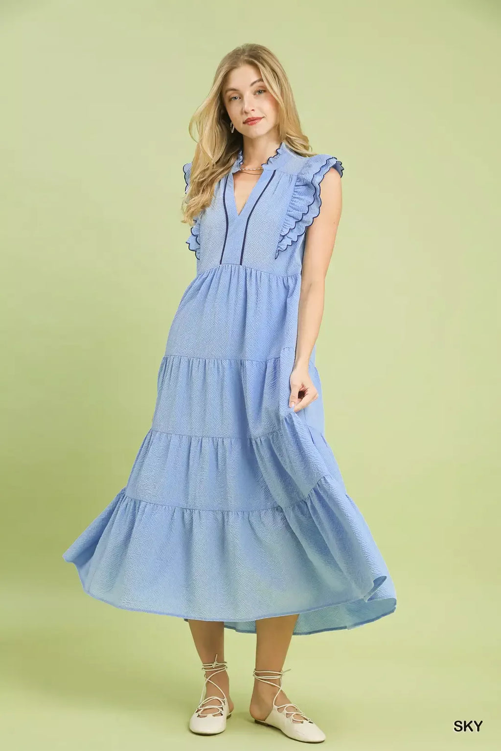 Seersucker Ruffle Sleeve Tiered Midi Dress in Sky for Women