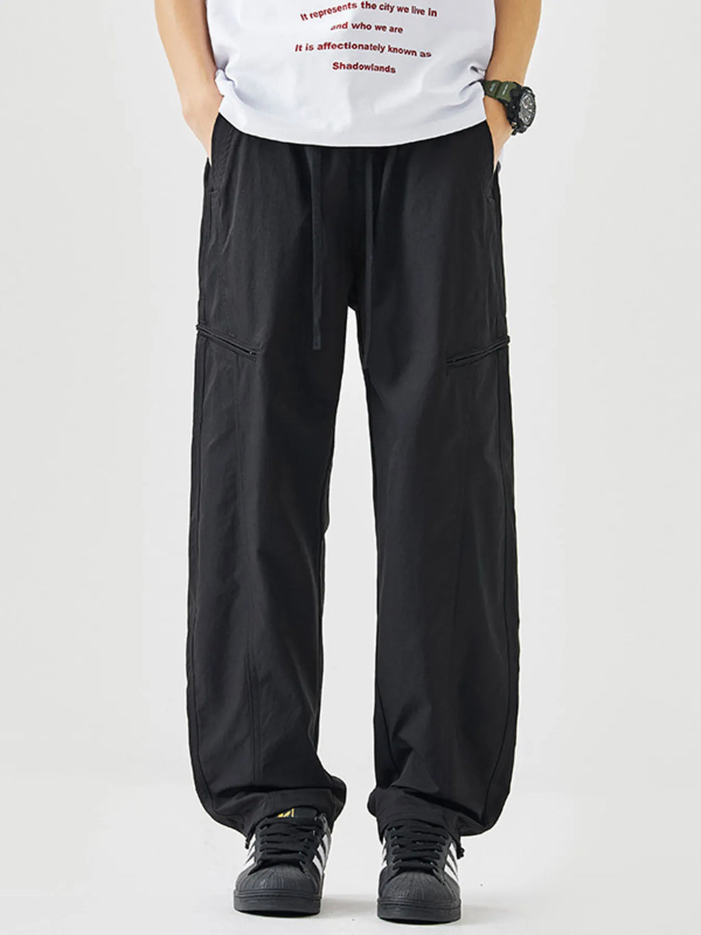 Plus Size Loose Fit Drawstring Casual Pants in Black for Men