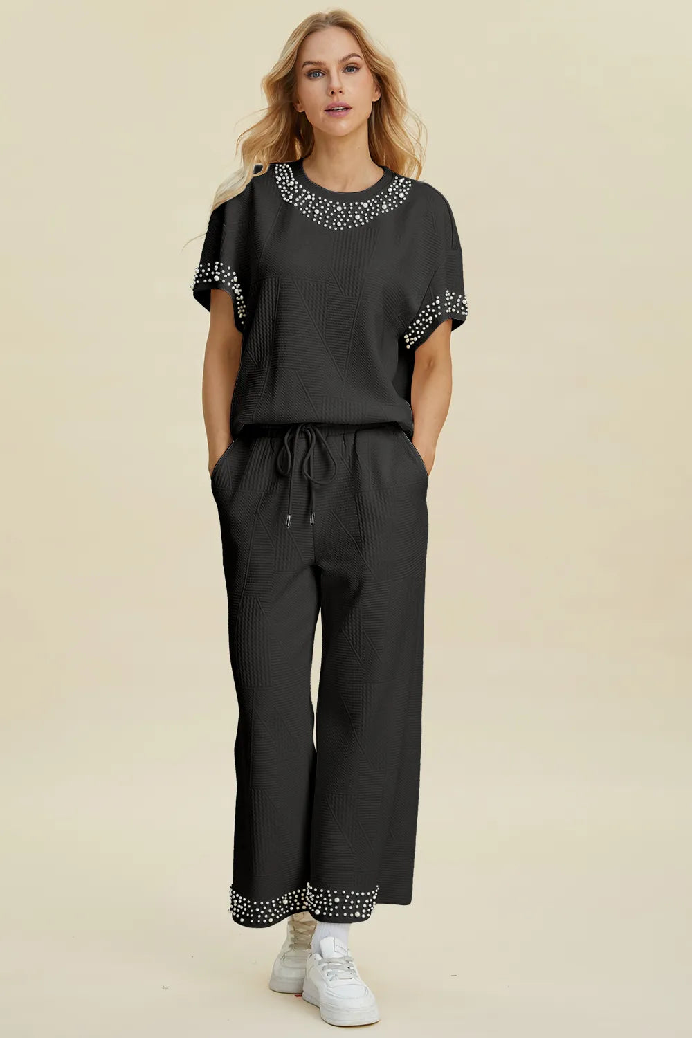 Plus Size Pearl Detail Round Neck Top and Pants Set in Black for Women