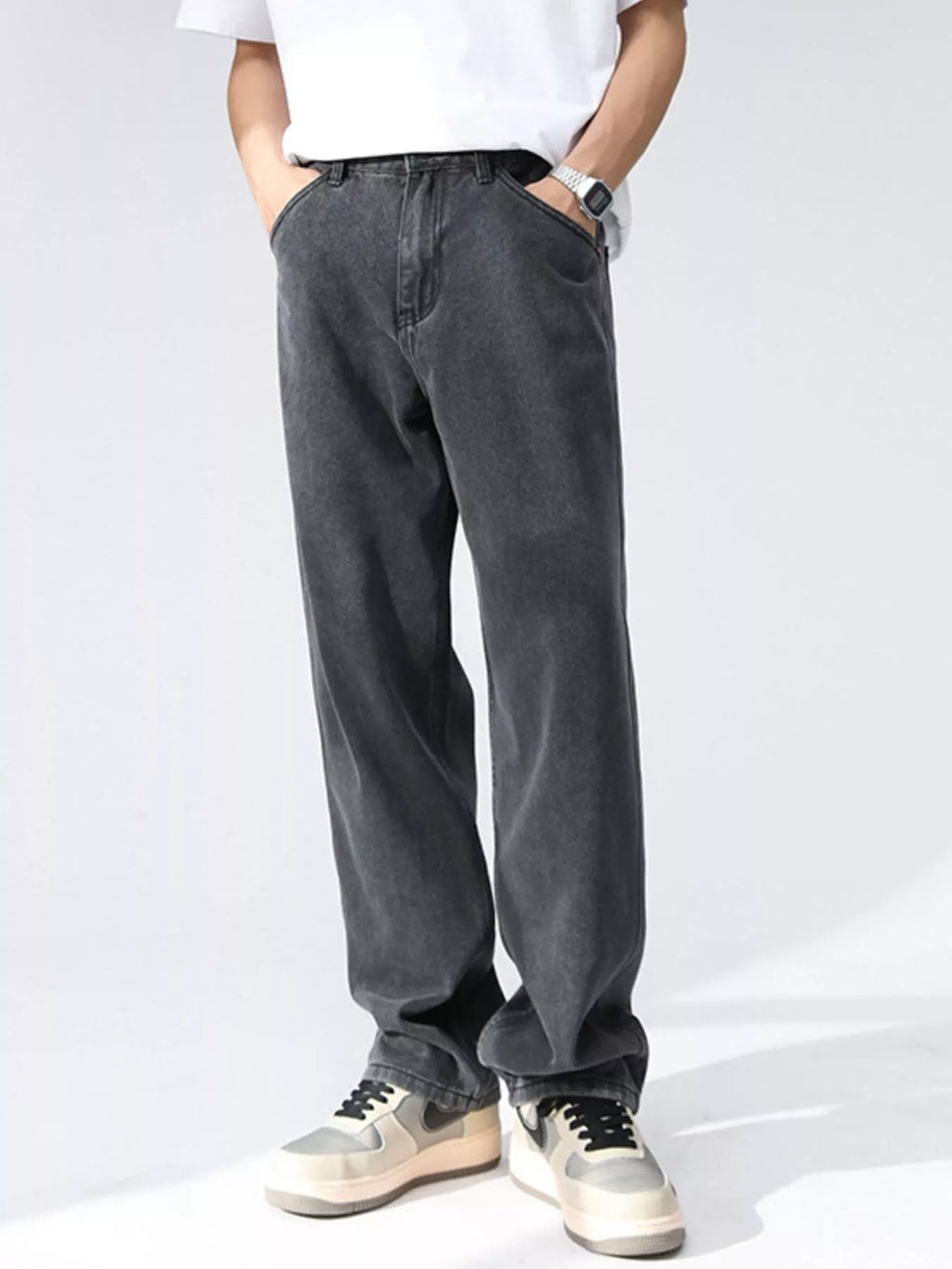 Wash Relaxed Fit Wide Leg Jeans in Black and Gray for Men
