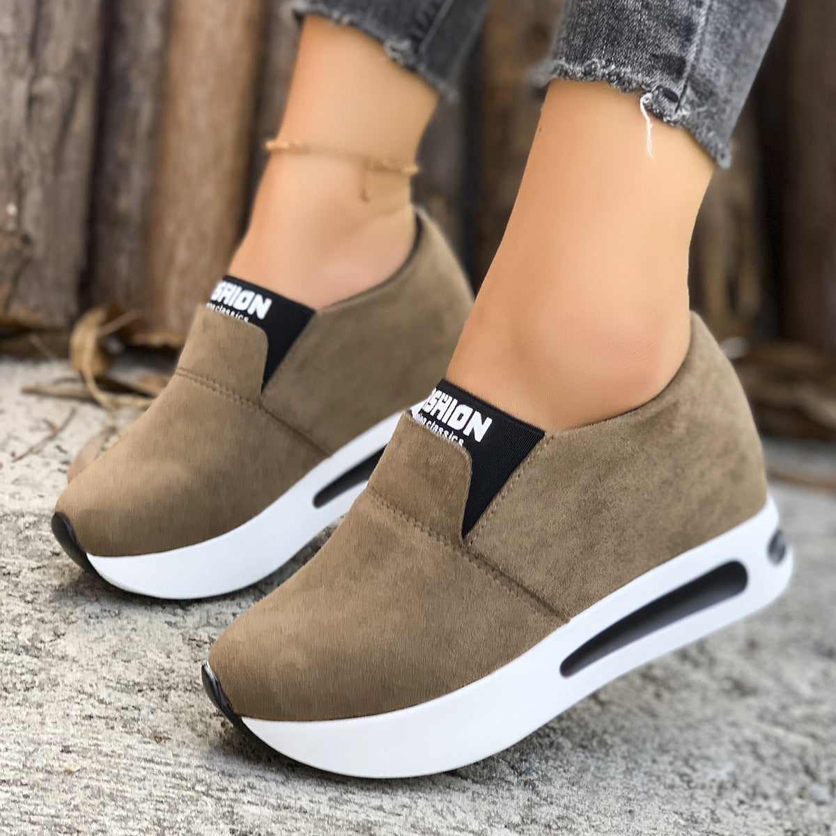 Round Toe Platform Slip-Ons in Green for Women