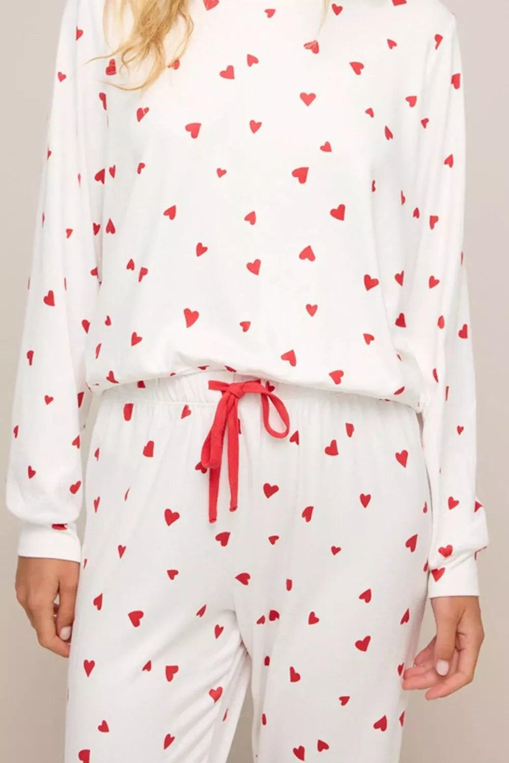 Hearts Printed Long Sleeve Top Drawstring Pants Lounge Set in White for Women