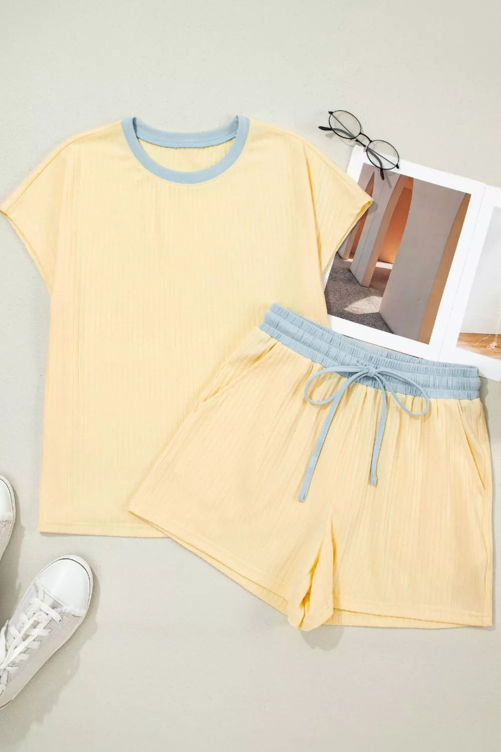 Soft Ribbed Color Block Trim Casual Shorts Set for Women
