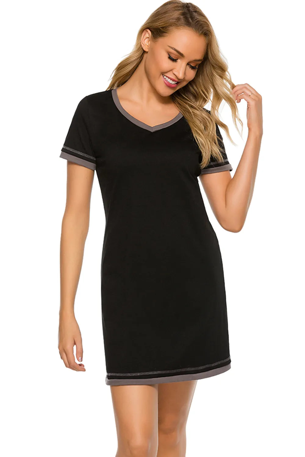 Contrast Trim Short Sleeve Lounge Dress in Dark Blue for Women