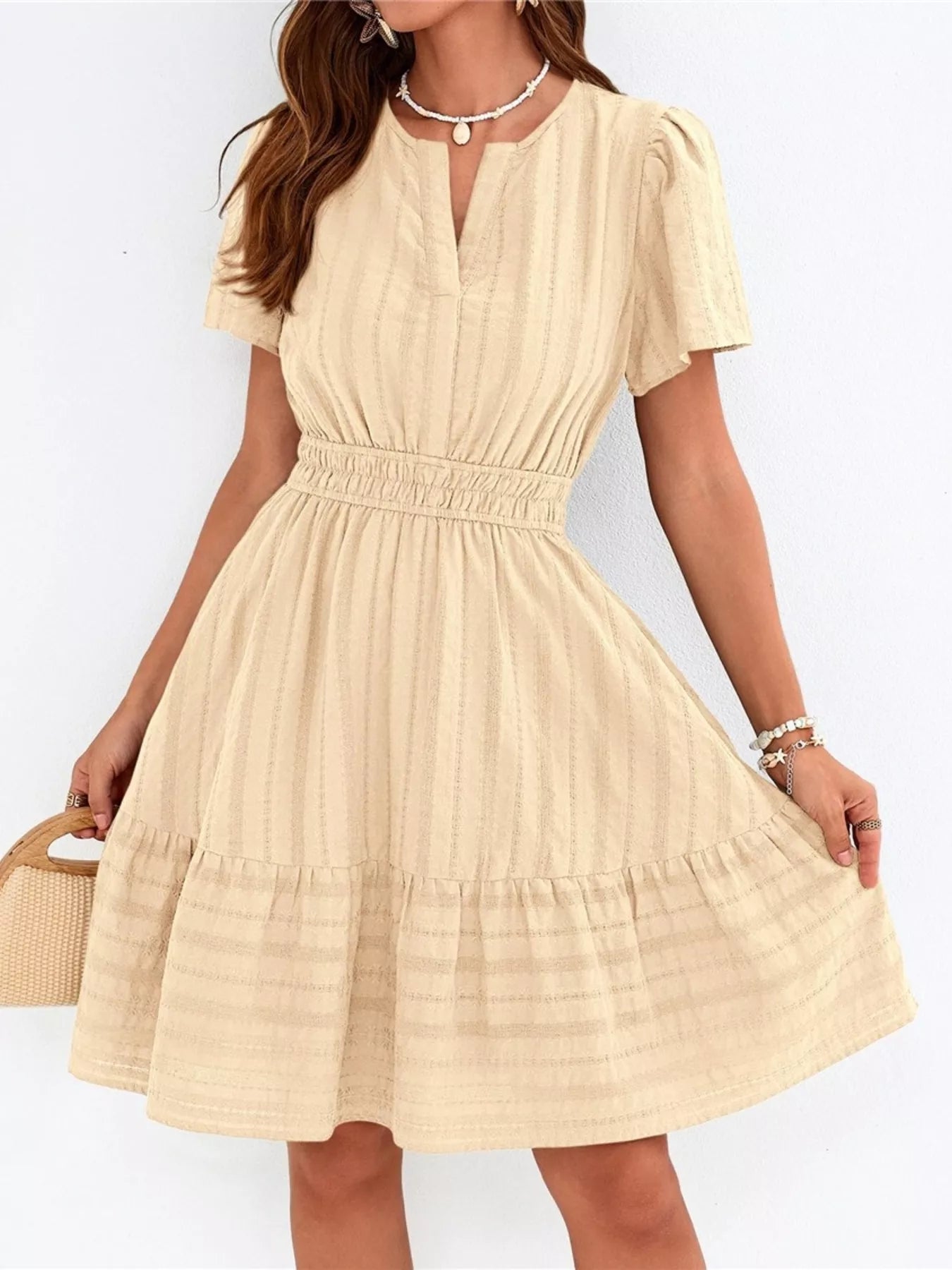 Short Sleeve Smocked Waist Tiered Dress in Light Blue for Women