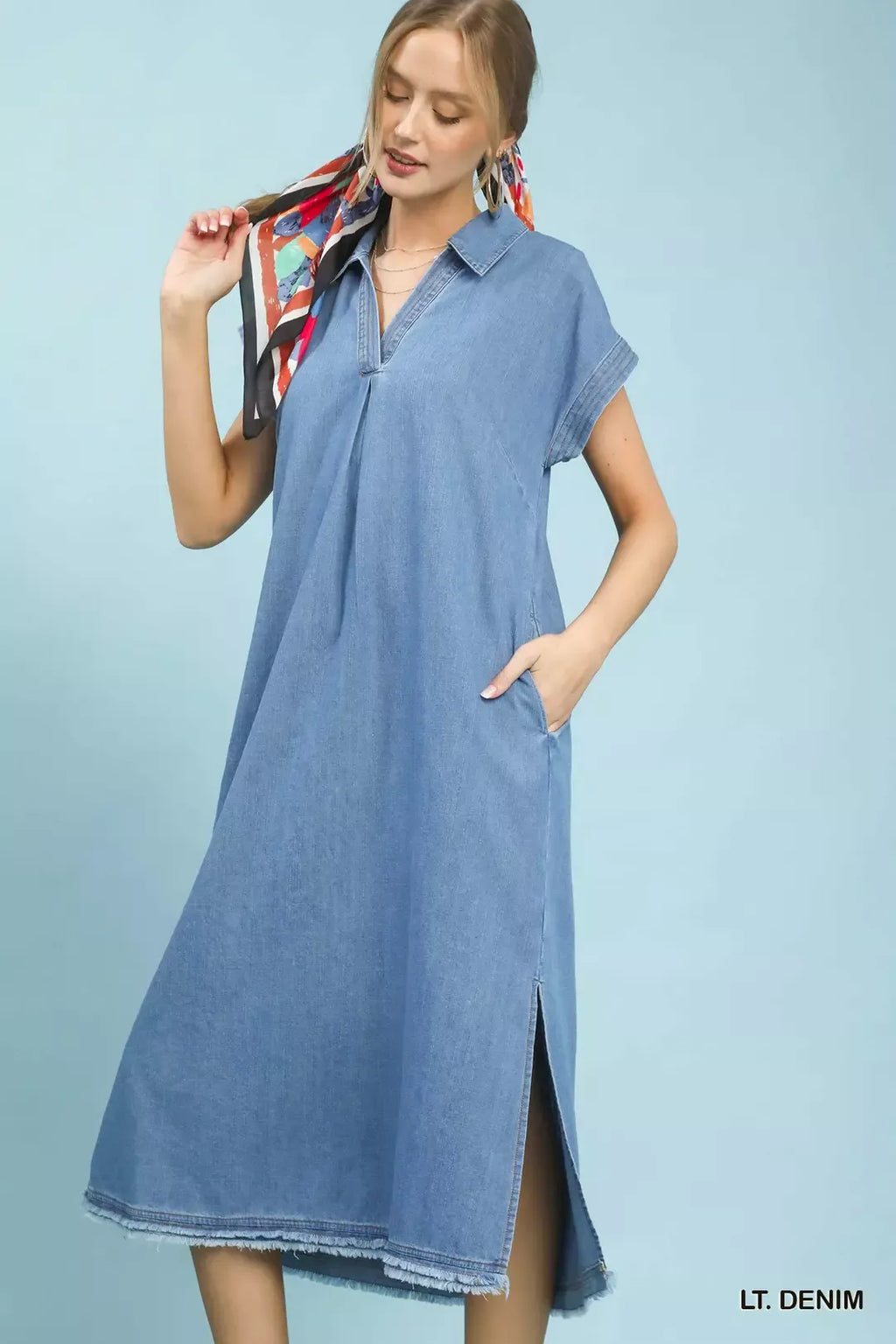 Stone Washed Collared Denim Midi Dress in Light Denim for Women