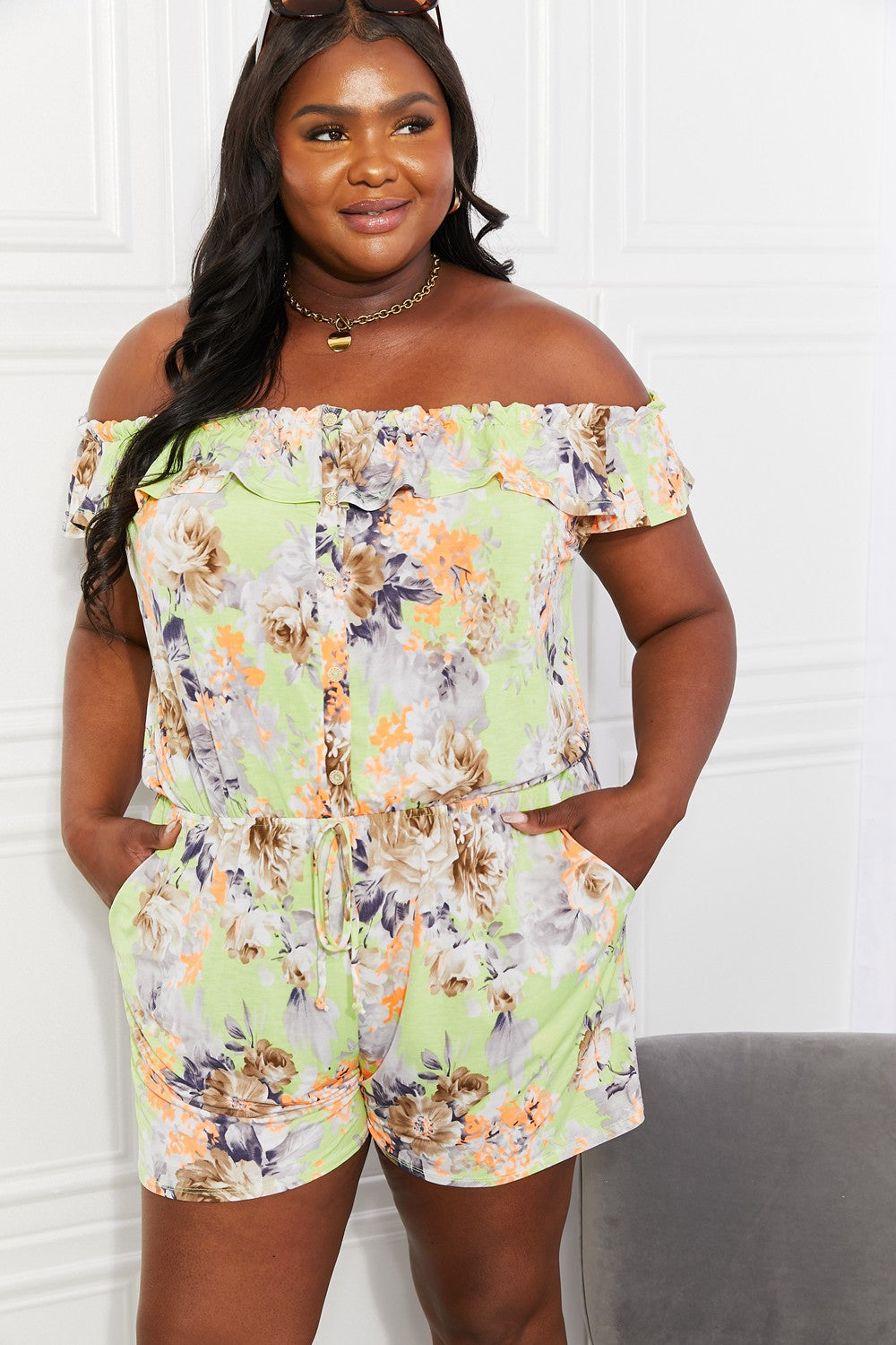 Plus Size Pure Delight Floral Off-Shoulder Romper in Neon Yellow for Women