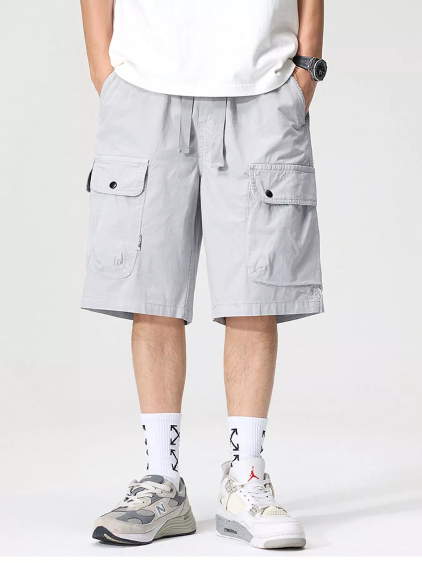 Drawstring Loose Fit Shorts Plus Size in Black in Medium Gray for Men