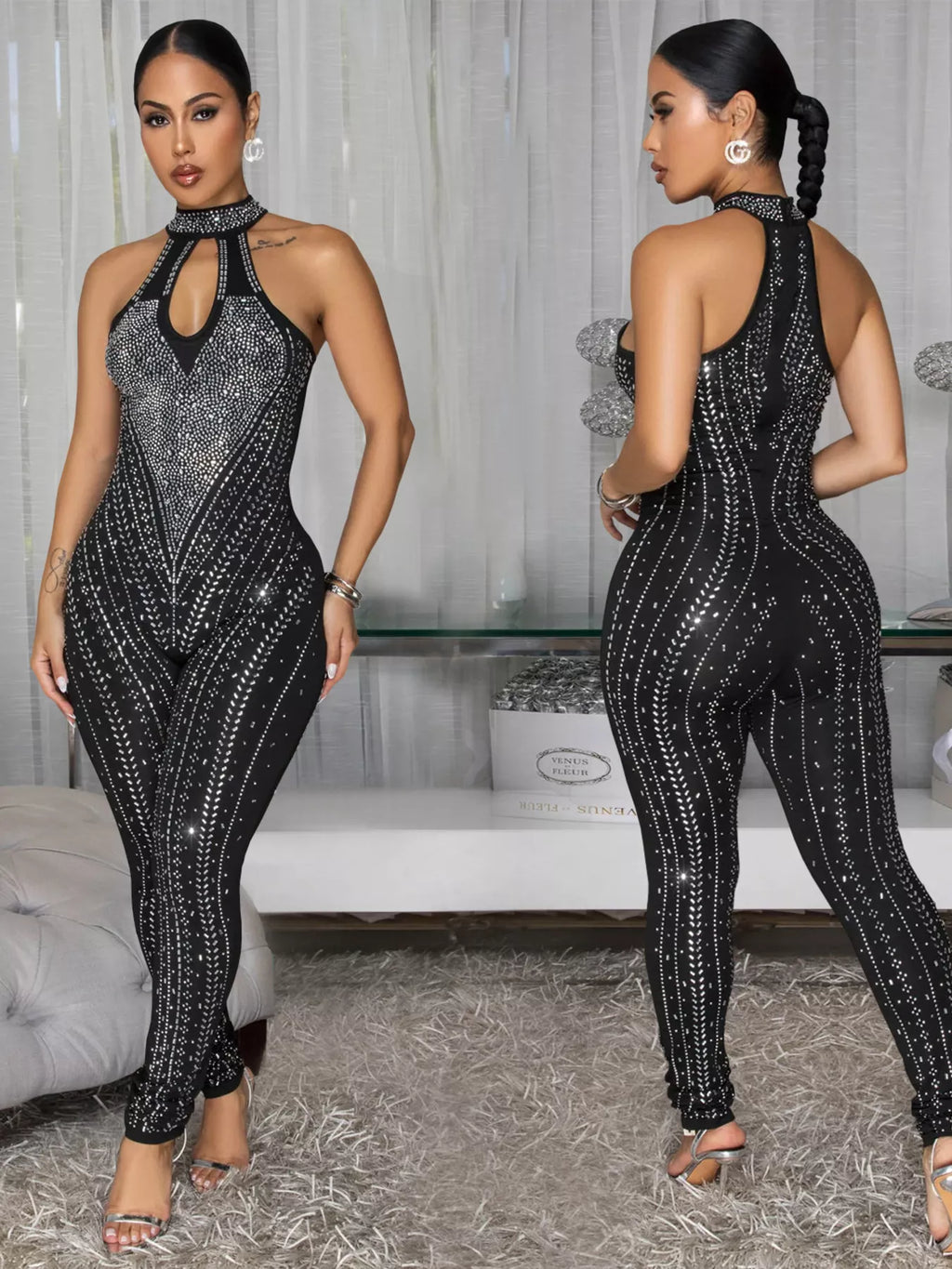 Sparkling Rhinestone Cutout Jumpsuit in Black for Women