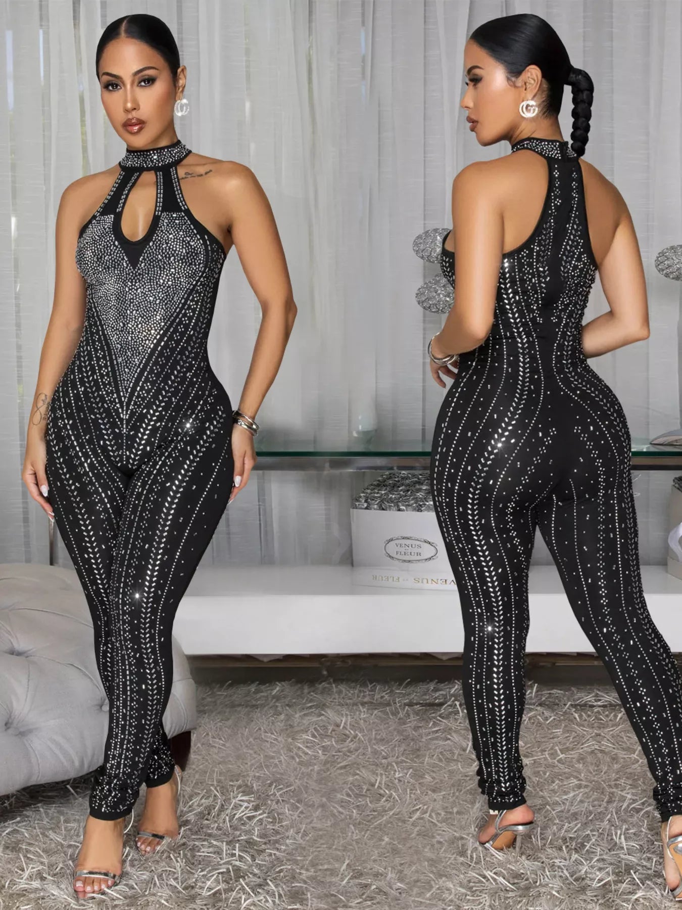 Sparkling Rhinestone Cutout Jumpsuit in Black for Women