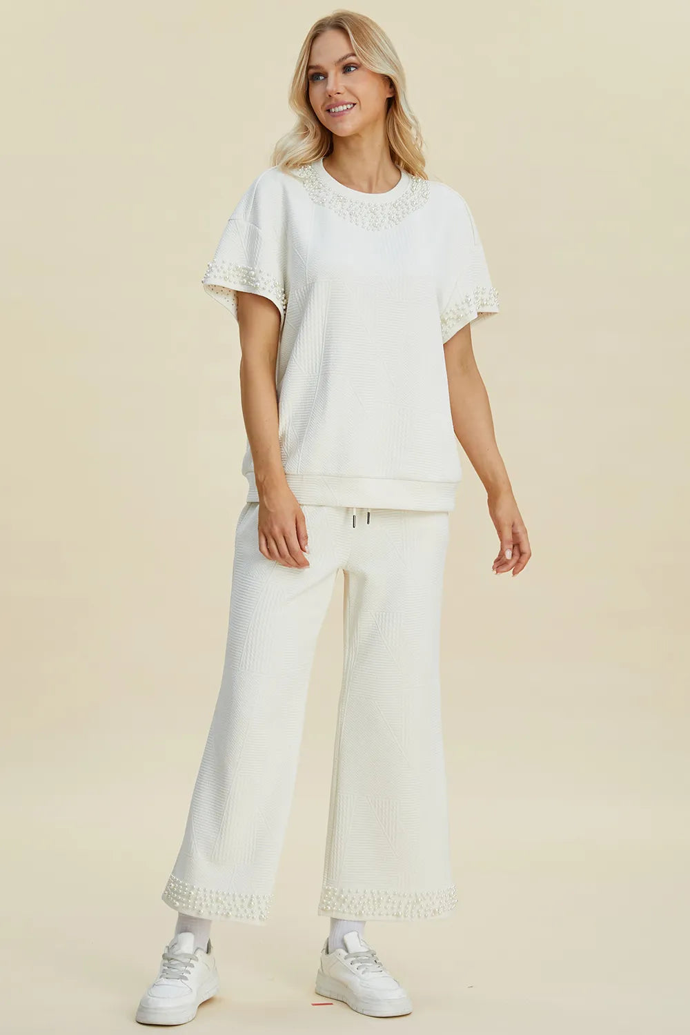 Plus Size Pearl Detail Round Neck Top and Pants Set in Black for Women