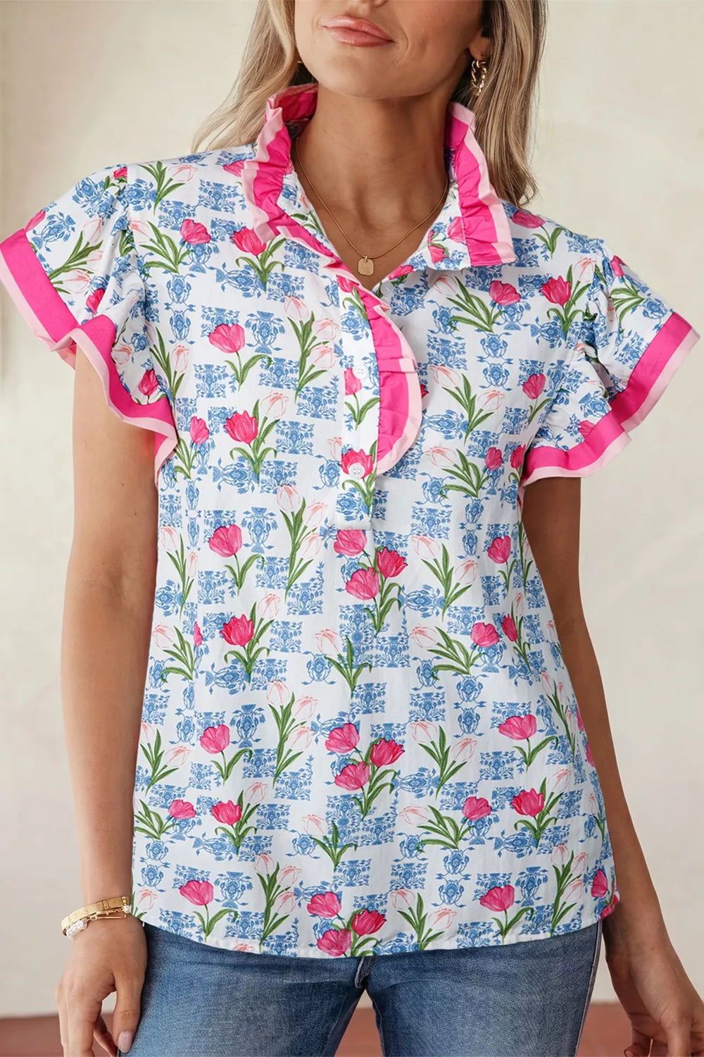 Floral Print Ruffle Collar Blouse in Floral for Women