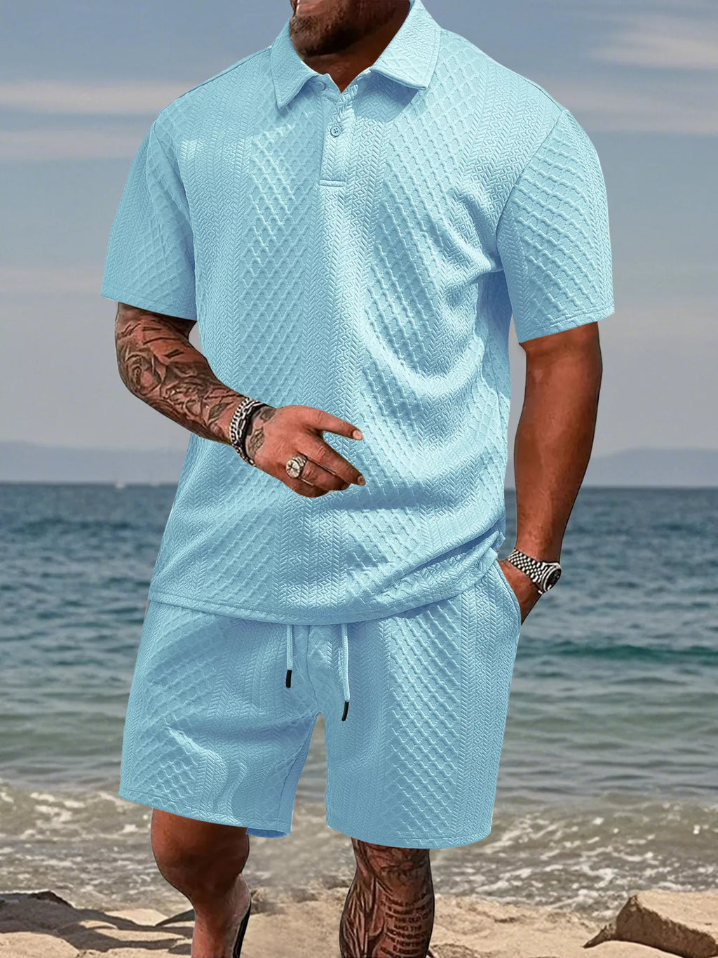 Textured Knit Polo Shirt & Shorts Set Plus Size in Navy Blue for Men
