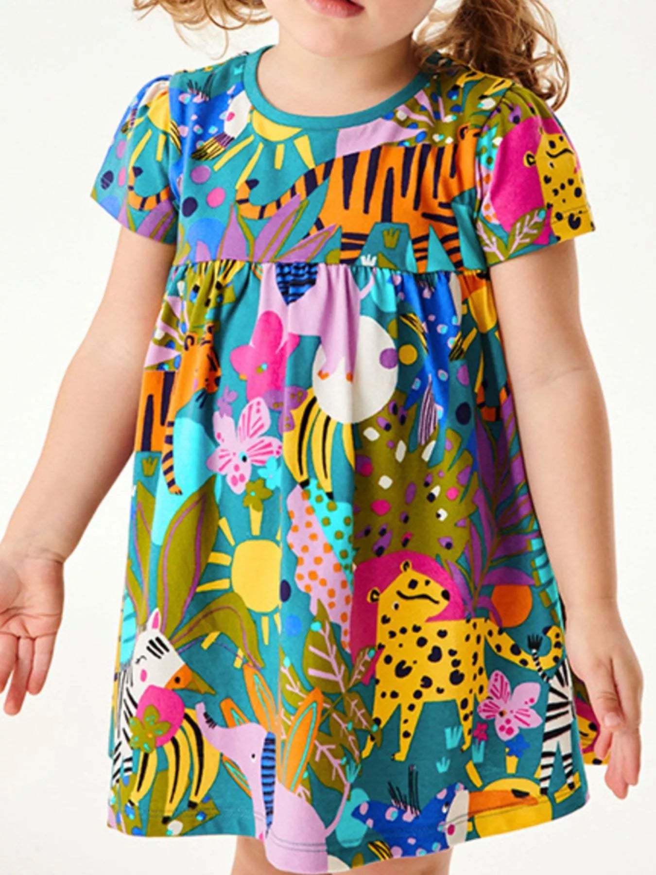 Printed Round Neck Casual Dress in Multicolor for Girls
