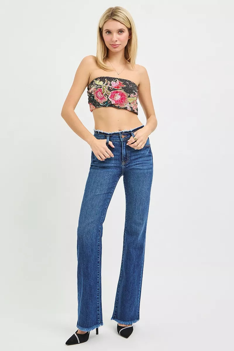 Mid Rise Bootcut Frayed Waistband Hem Detail Jeans Plus Size in Dark for Women