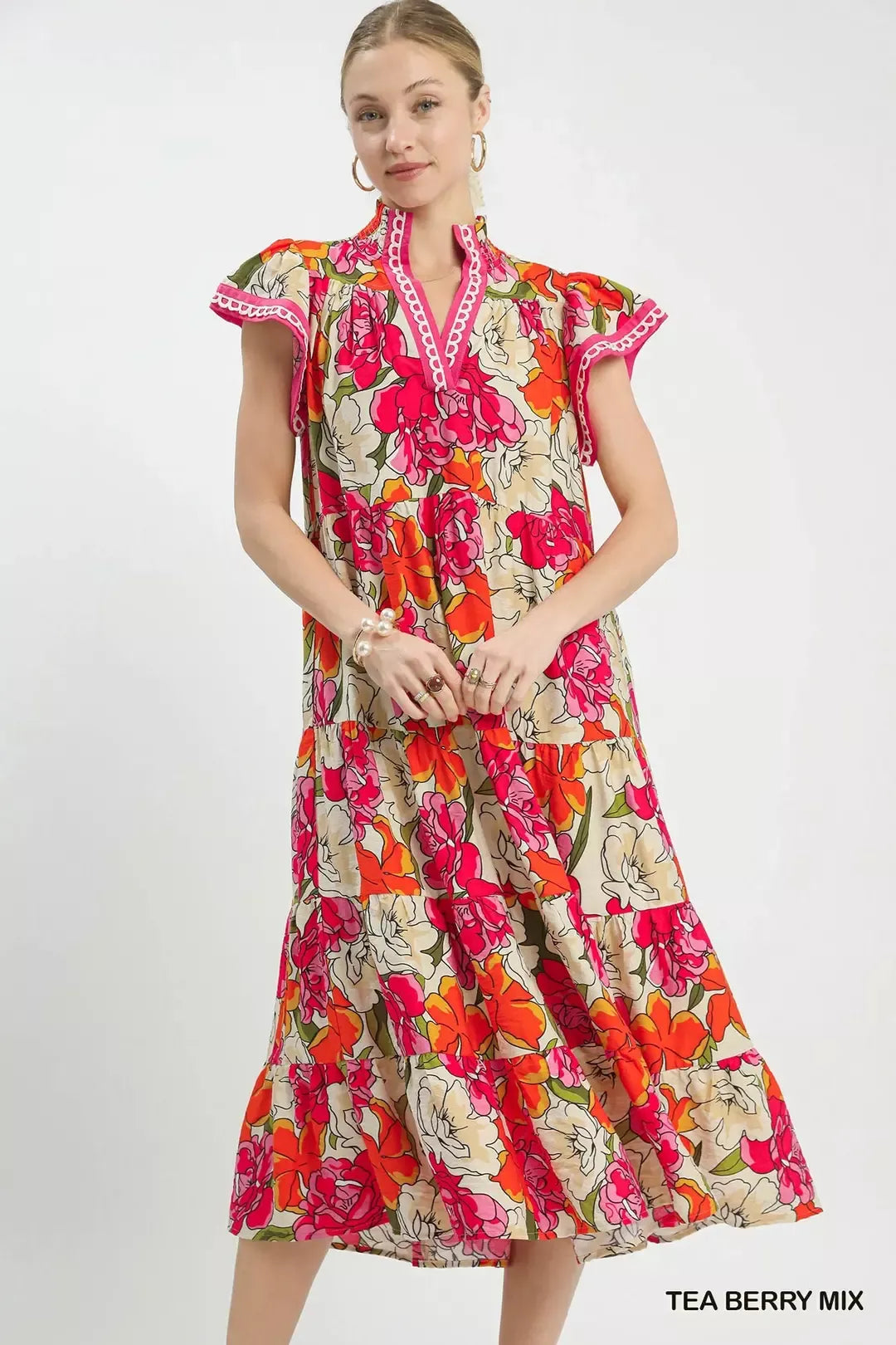 Mix Bold Floral Tiered Midi Dress in Tea Berry Mix for Women