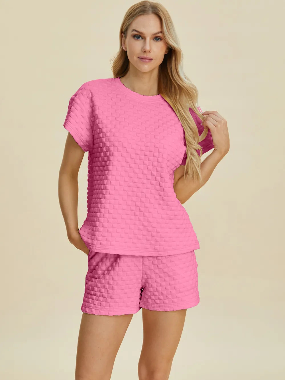 Plus Size Texture T-Shirt and Shorts Set in Black for Women
