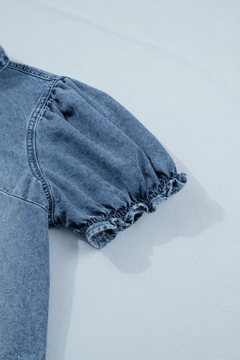 Frilled Short Sleeve Snap Button Denim Shirt for Women