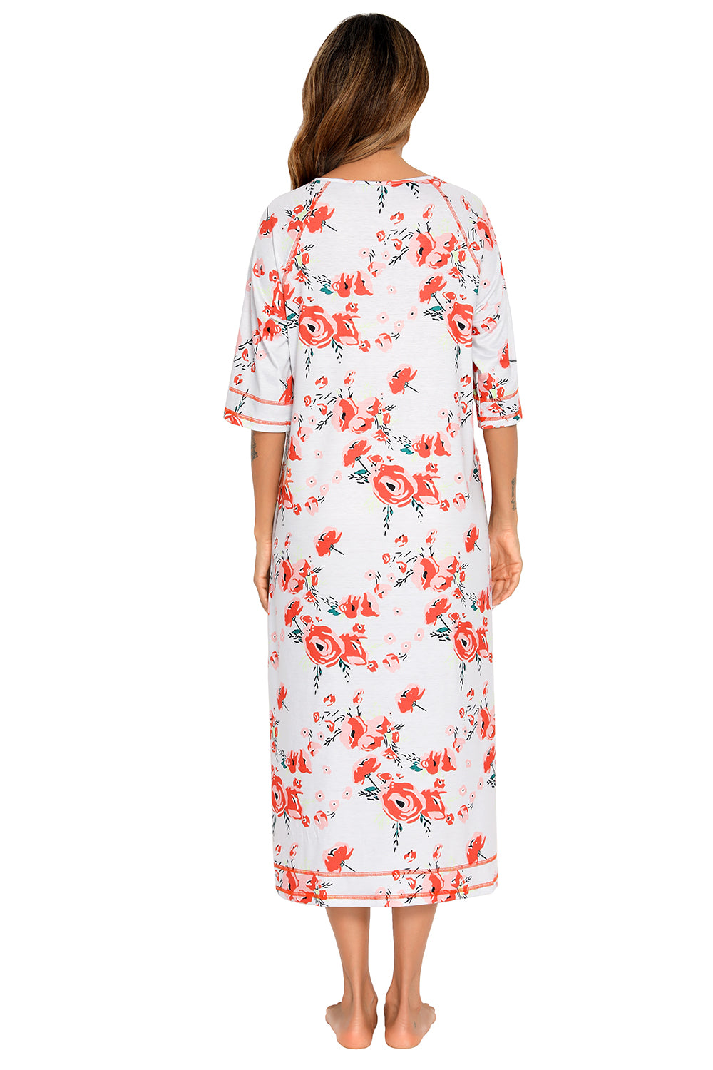 Printed Slit Night Dress with Pockets in Burnt Coral for Women