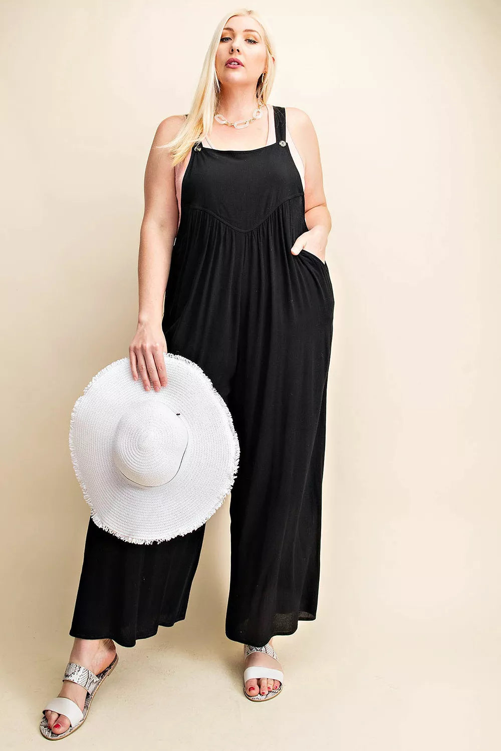 Kori America Plus Size Sleeveless Ruched Wide Leg Overalls for Women