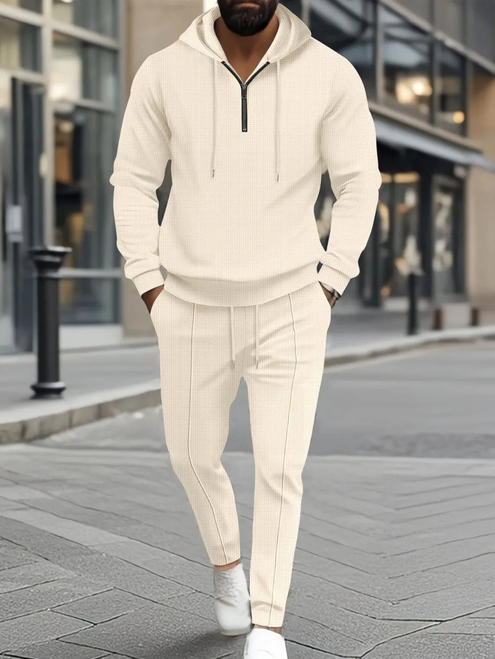 Waffle-Knit Half Zipper Hoodie and Pants Set Plus Size in Black for Men