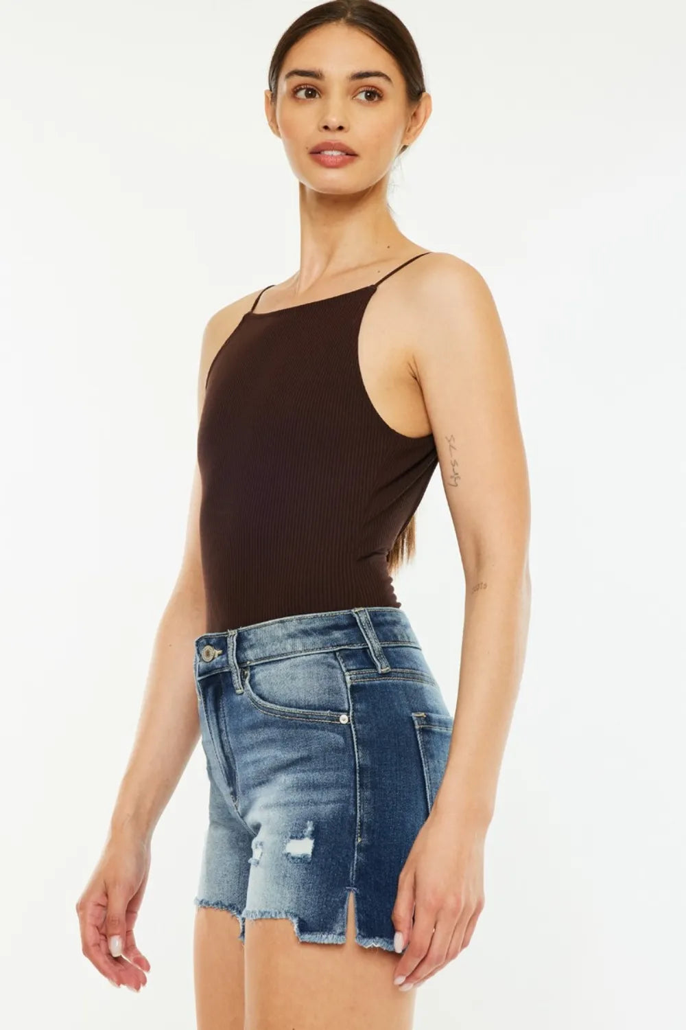 High Waist Raw Hem Denim Shorts in Dark for Women