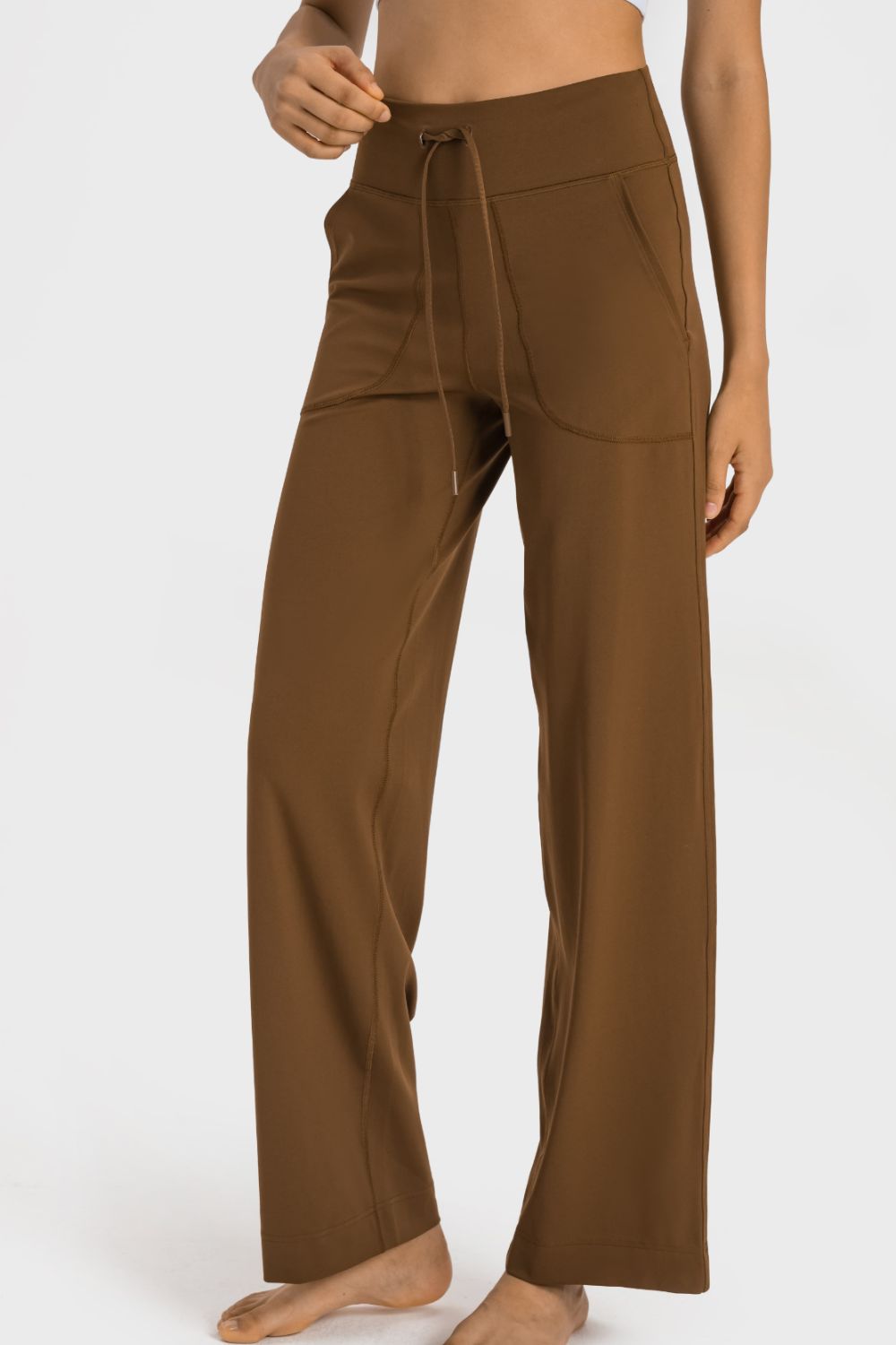 Drawstring Waist Wide Leg Sports Pants with Pockets in Sage for Women