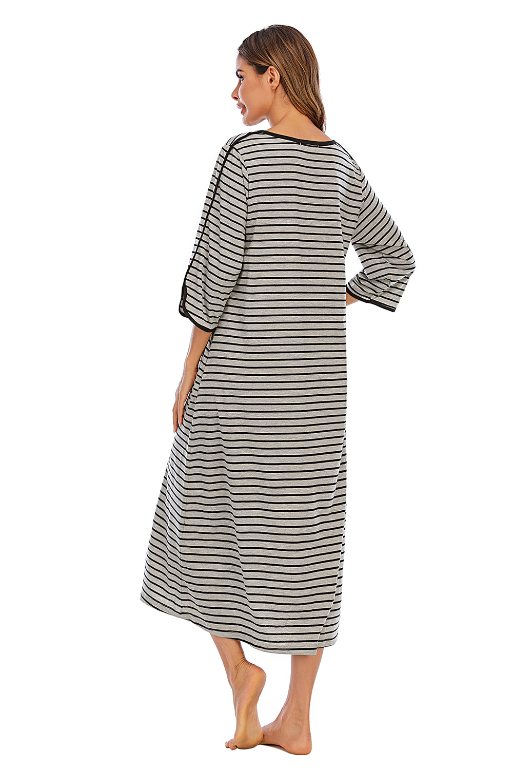 Round Neck Three-Quarter Sleeve Midi Night Dress in Charcoal for Women