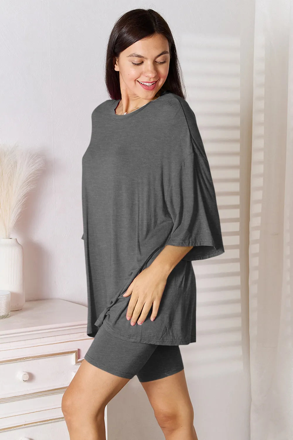 Plus Size Soft Rayon Three-Quarter Sleeve Top and Shorts Set in Hot Pink for Women