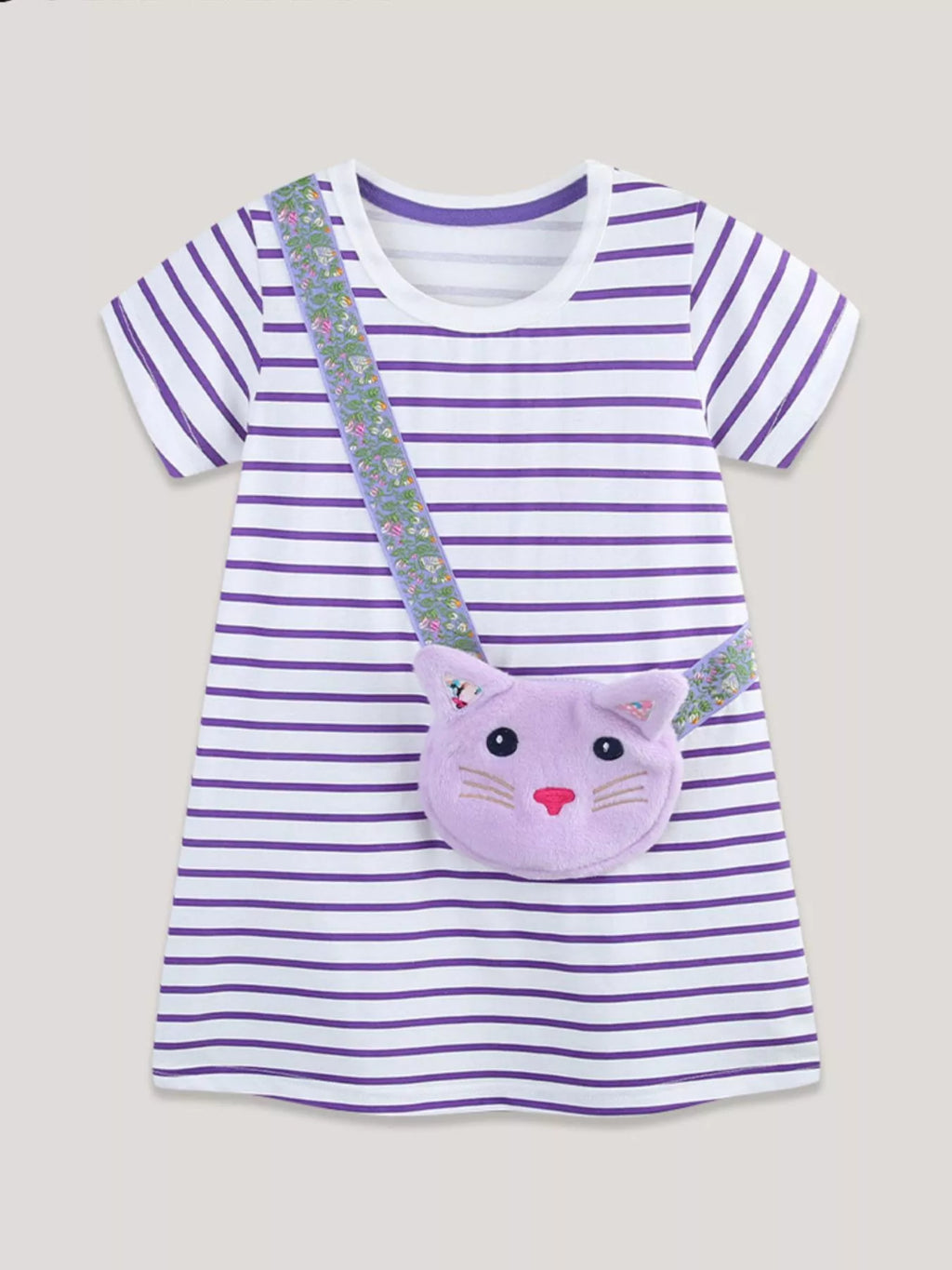 Striped Casual Dress with Cat Bag in Lavender for Girls