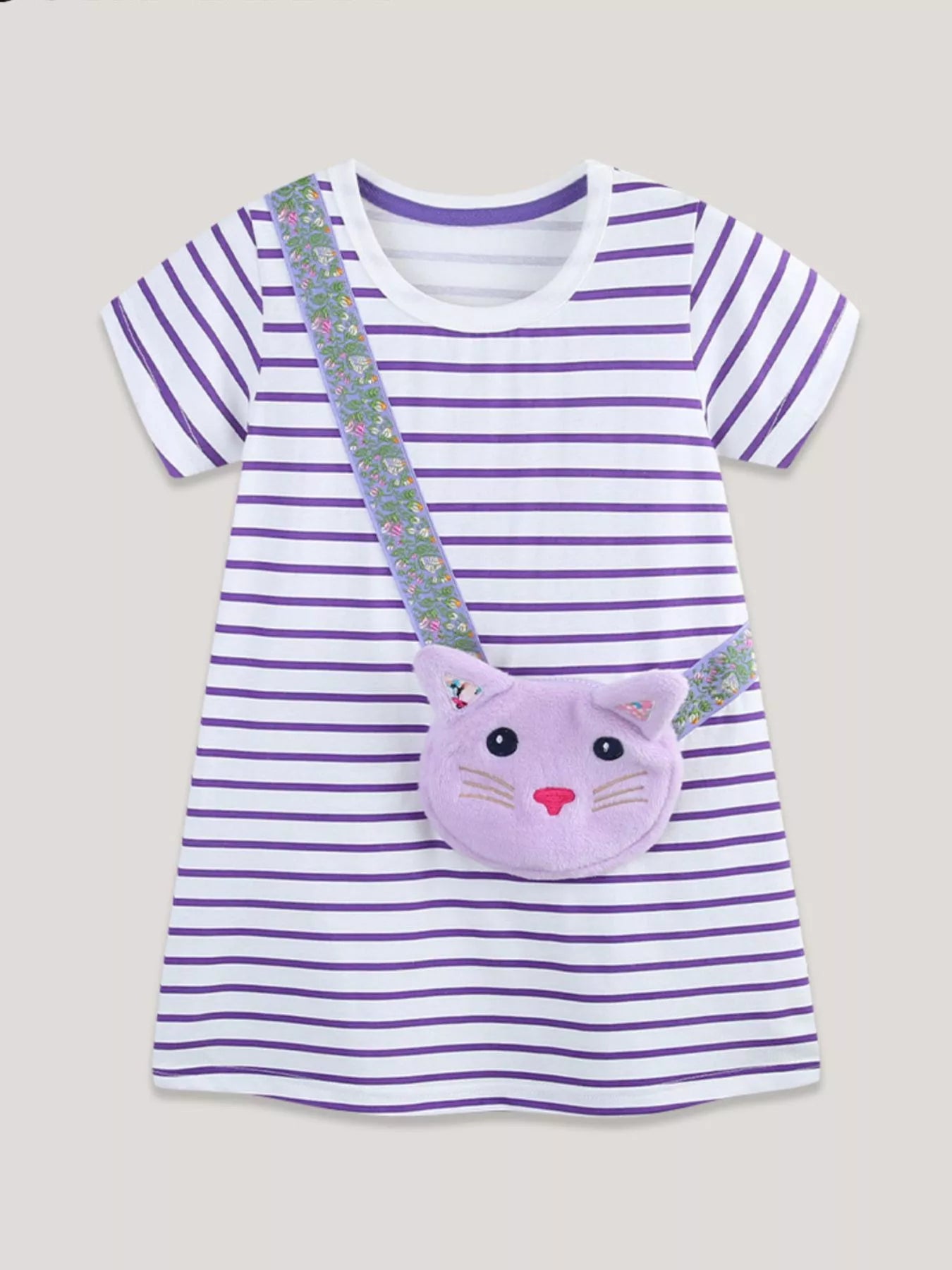 Striped Casual Dress with Cat Bag in Lavender for Girls