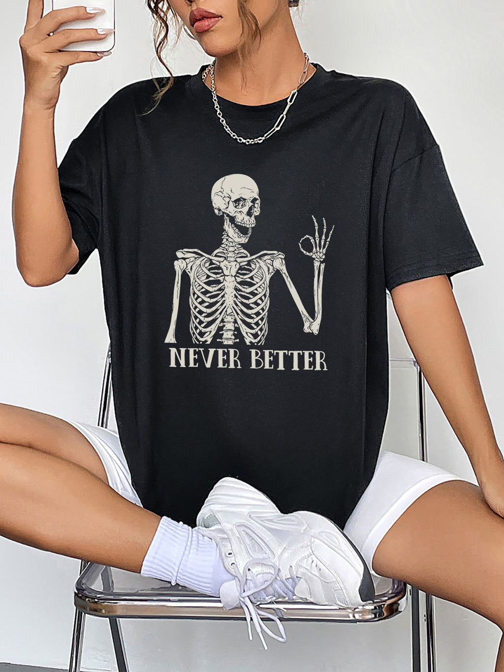 Round Neck Short Sleeve Never Better Graphic T-Shirt in White for Women