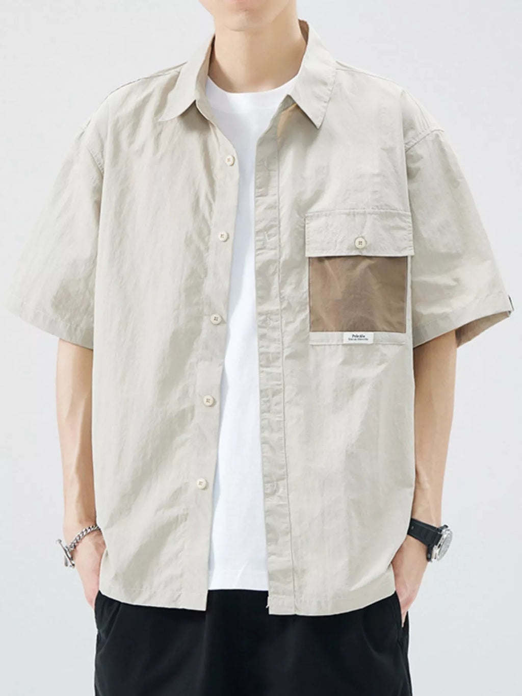 Plus Size Button Up Short Sleeve Shirt in Camel for Men