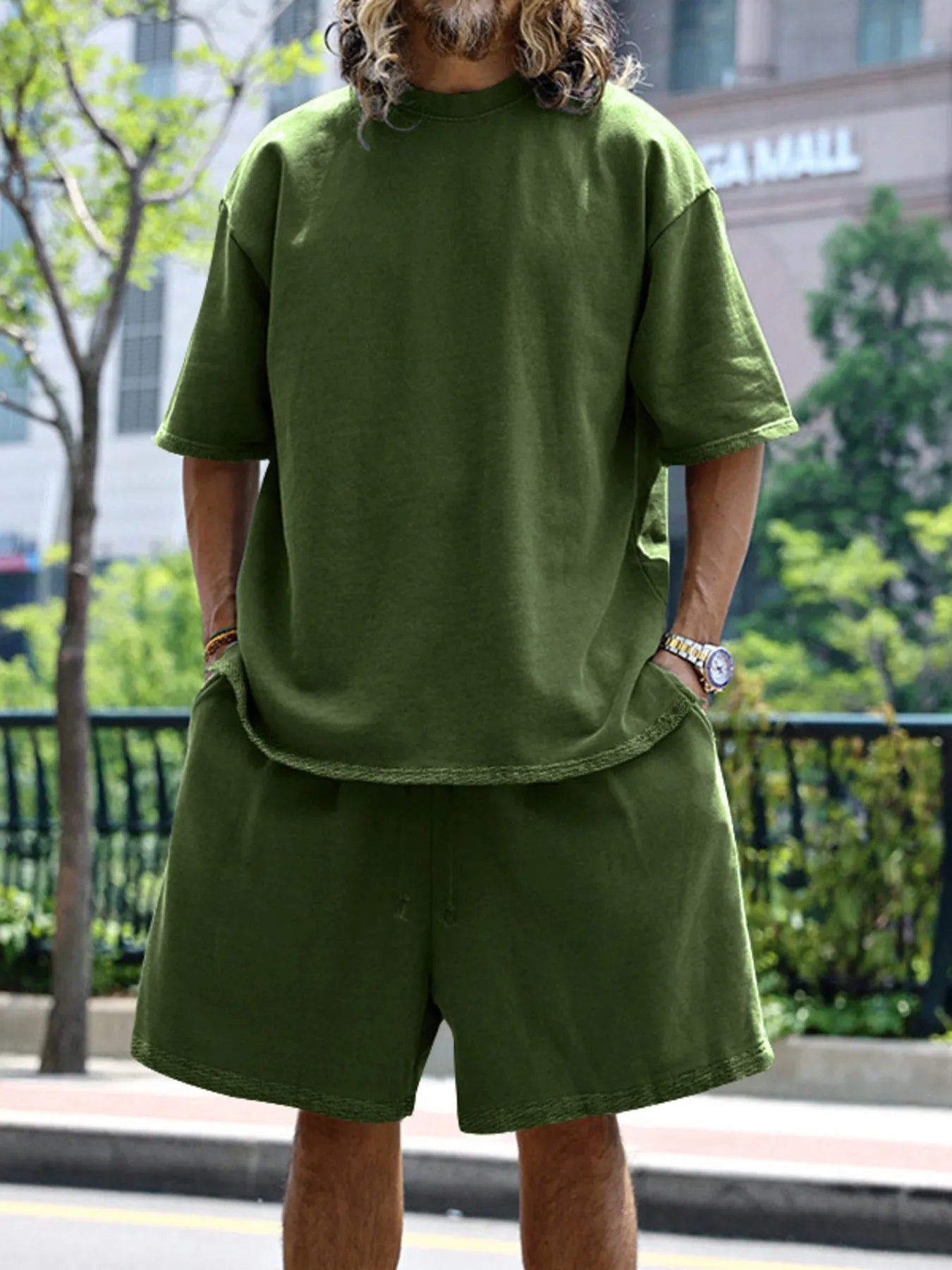 Round Neck Short Sleeve Top and Shorts Set Plus Size in Sky Blue in Black for Men