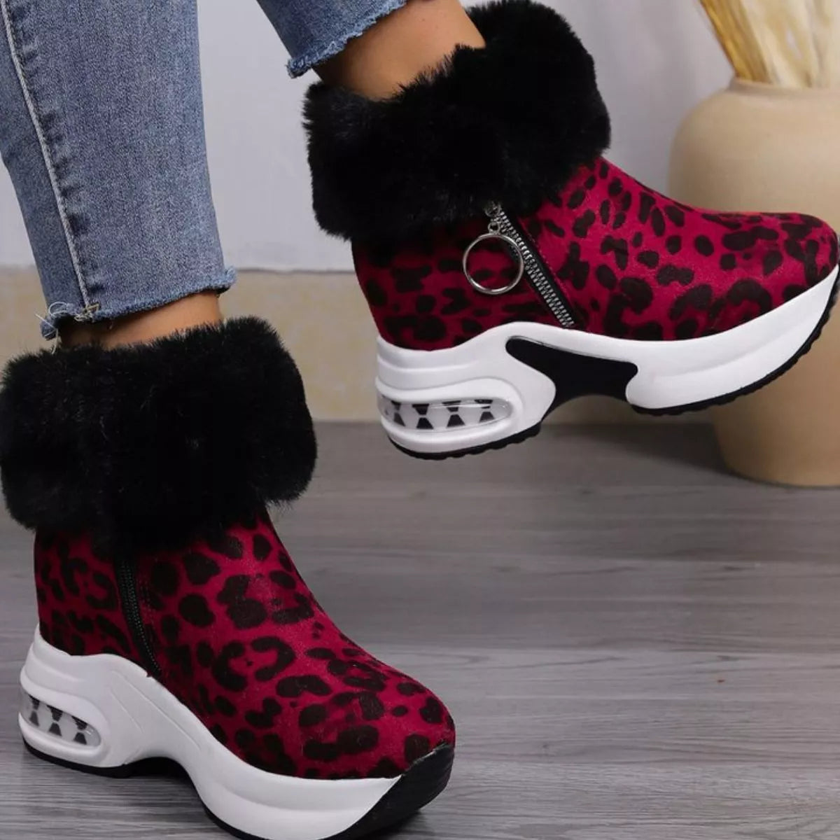 Fuzzy Side Zipper Platform Ankle Boots in Gray for Women