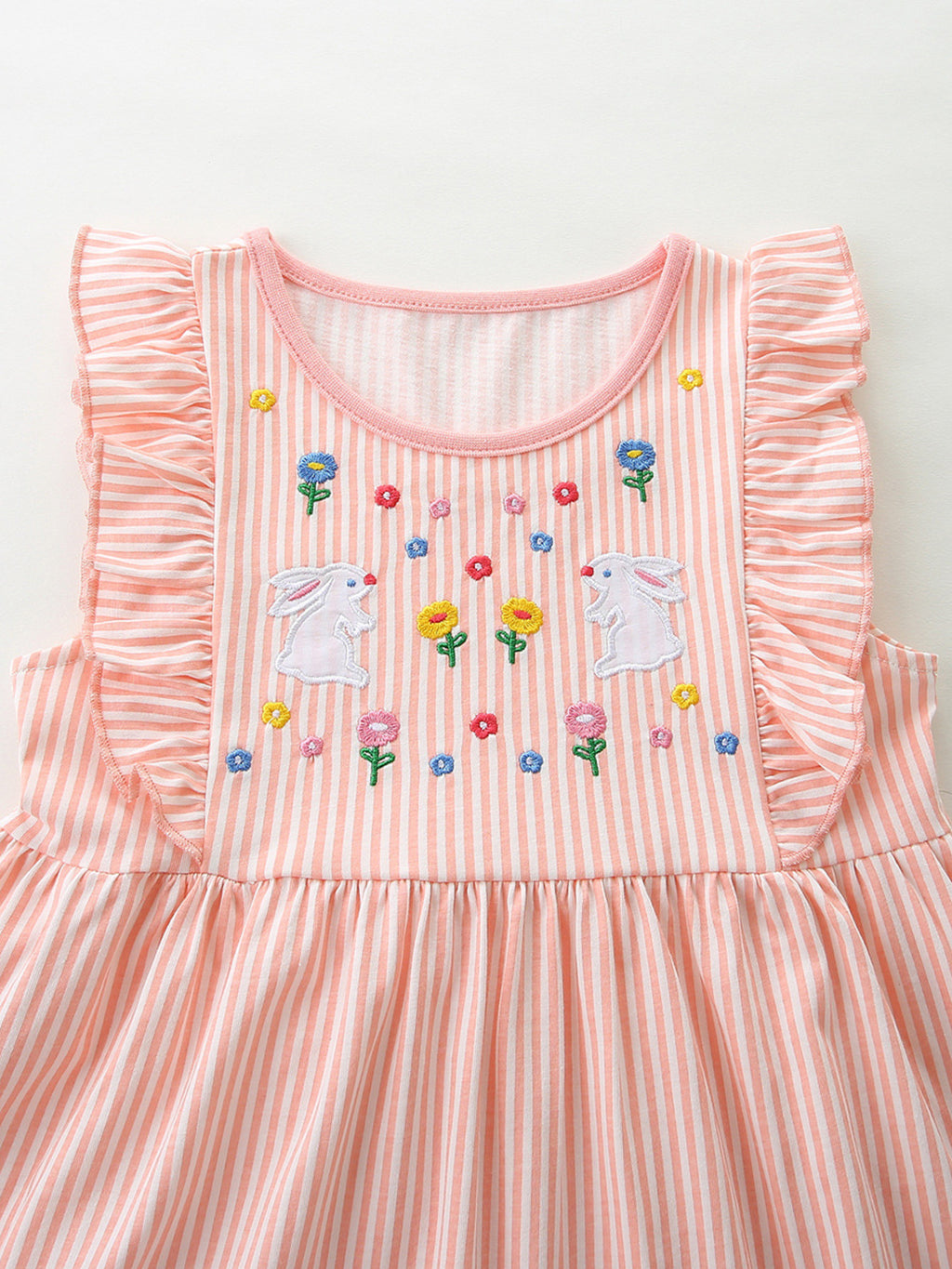 Embroidered Bunny Ruffle Sleeve Dress in Watermelon Pink for Girls