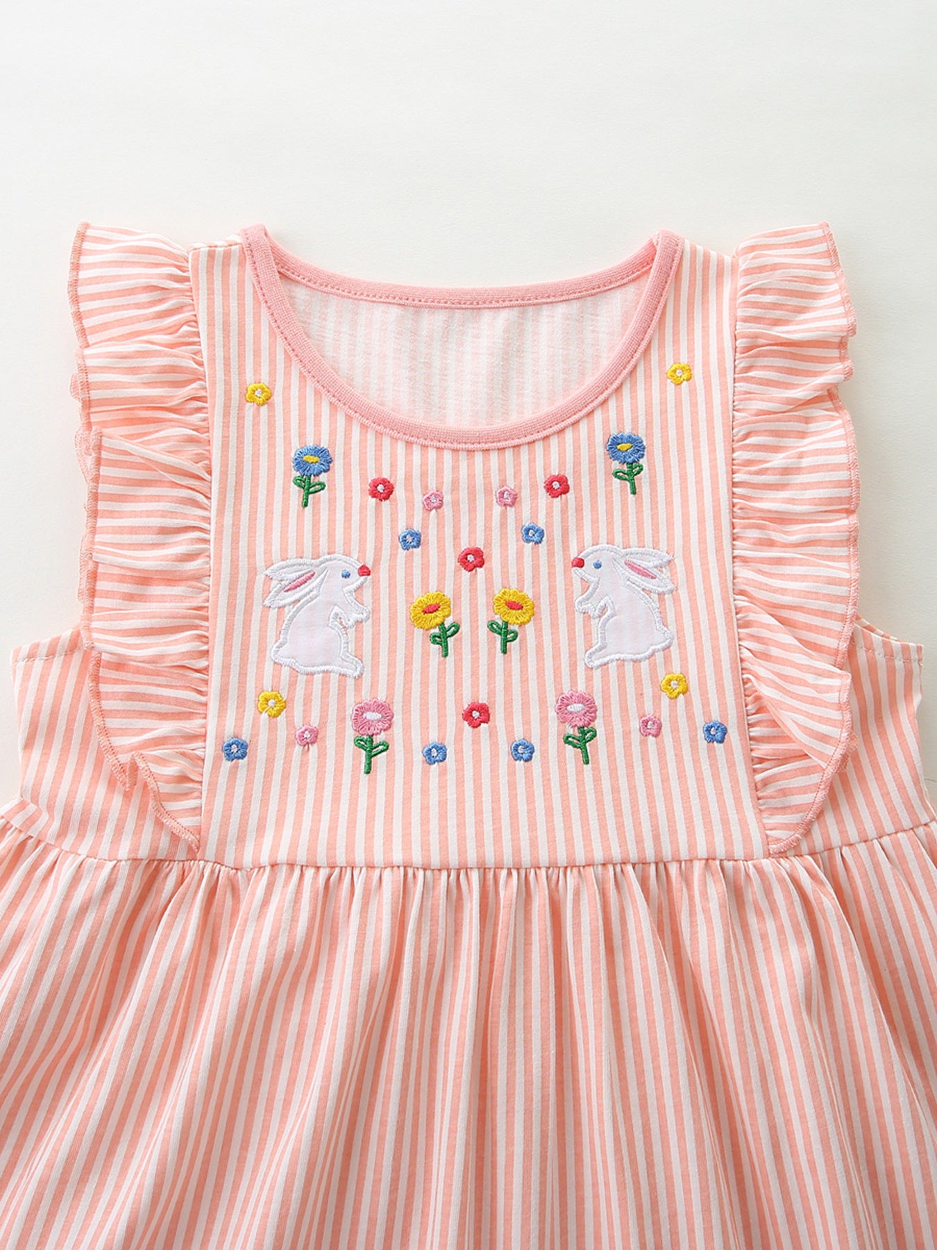 Embroidered Bunny Ruffle Sleeve Dress in Watermelon Pink for Girls