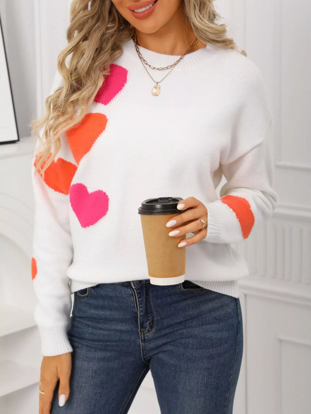 Valentines Day Heart Pattern Round Neck Sweater in Black for Women