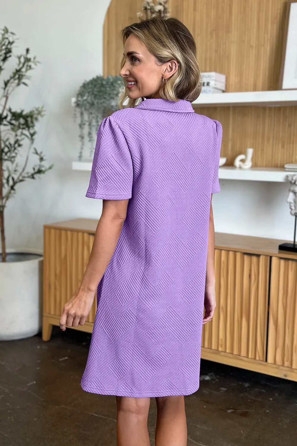 Plus Size Texture Collared Neck Short Sleeve Dress in Lavender for Women